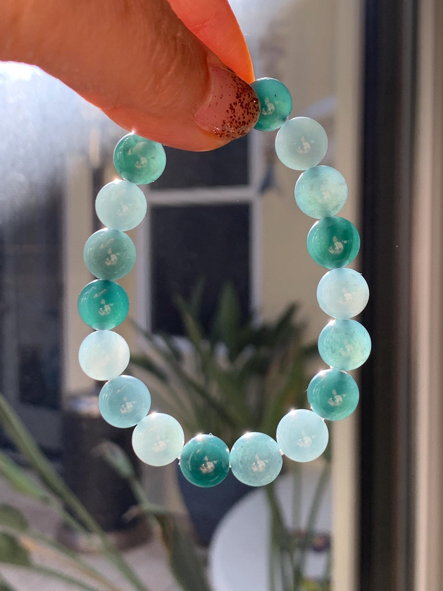 Natural Grade A Guatemalan Icy Translucent Dusty Teal Blue Multicolored Jade Jadeite Beaded Bracelet 9.7mm 7” 31g 天然冰危蓝水多宝翡翠手串 WDB150A