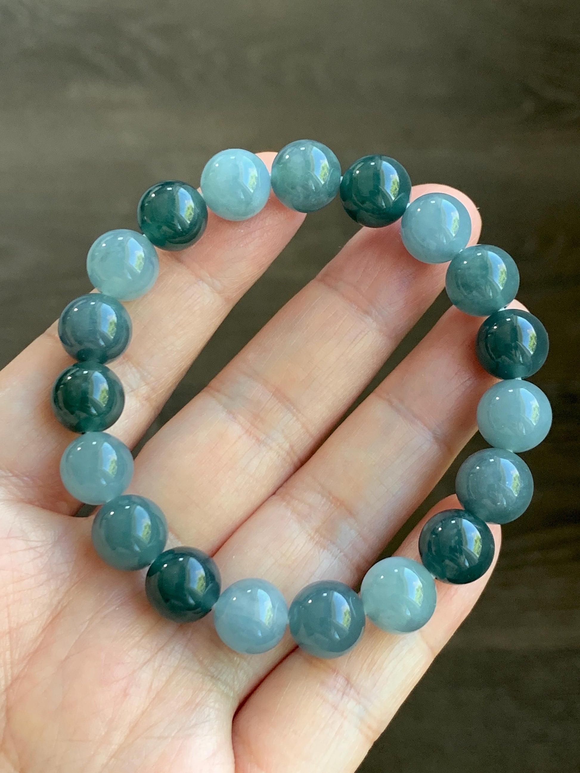 Natural Grade A Guatemalan Icy Translucent Dusty Teal Blue Multicolored Jade Jadeite Beaded Bracelet 9.7mm 7” 31g 天然冰危蓝水多宝翡翠手串 WDB150A
