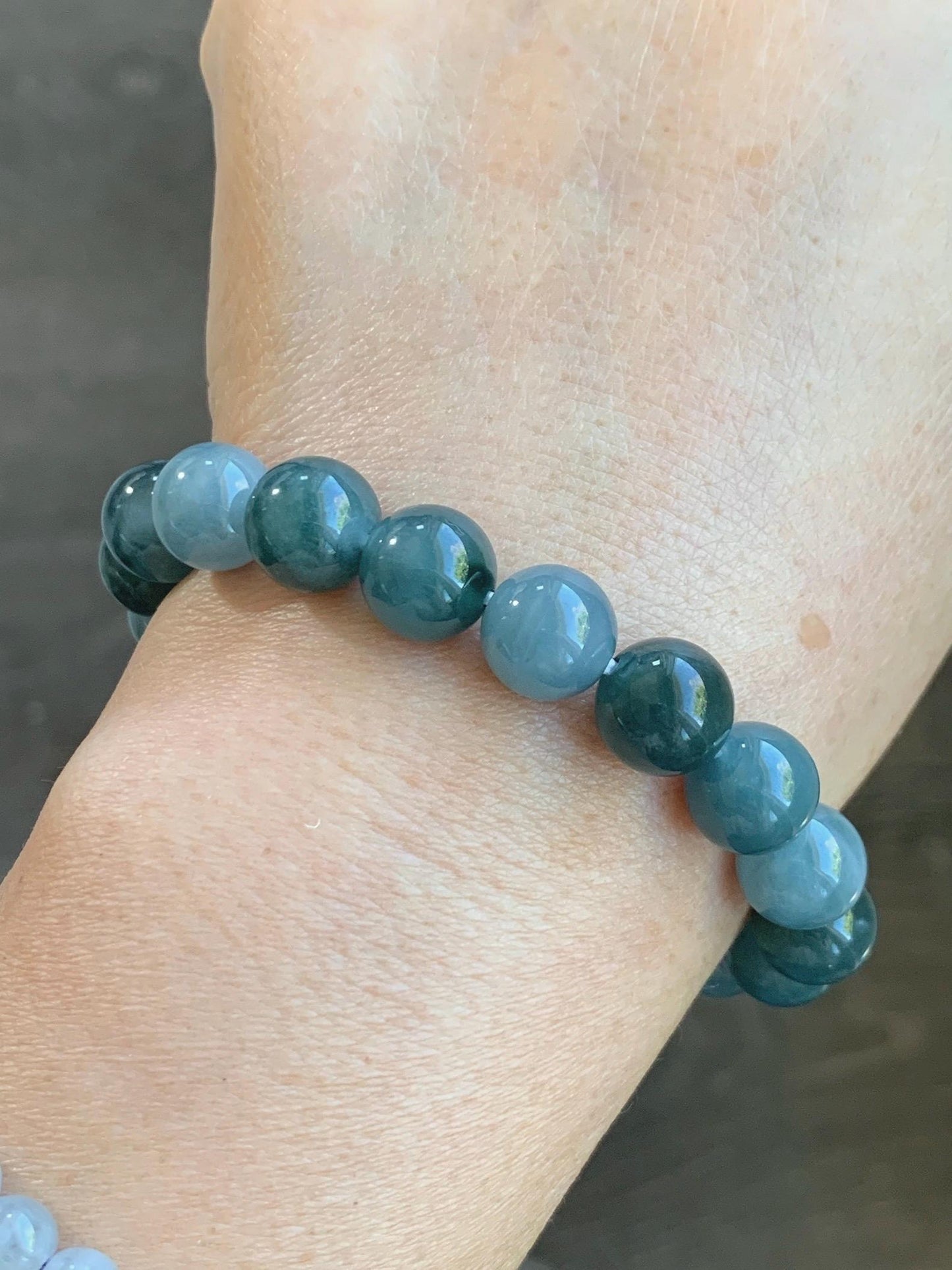 Natural Grade A Guatemalan Icy Translucent Dusty Teal Blue Multicolored Jade Jadeite Beaded Bracelet 9.7mm 7” 31g 天然冰危蓝水多宝翡翠手串 WDB150B