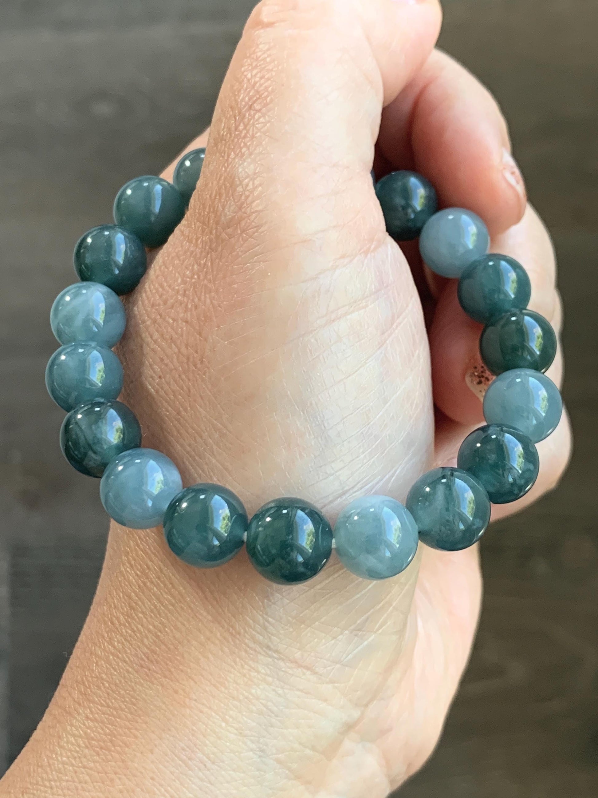 Natural Grade A Guatemalan Icy Translucent Dusty Teal Blue Multicolored Jade Jadeite Beaded Bracelet 9.7mm 7” 31g 天然冰危蓝水多宝翡翠手串 WDB150B