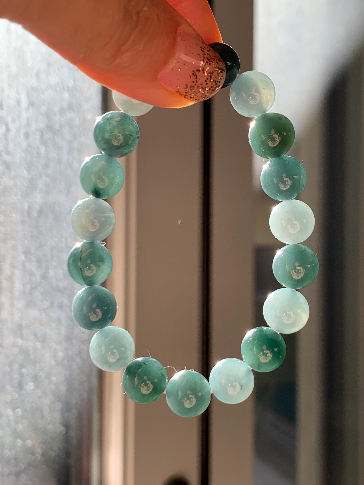 Natural Grade A Guatemalan Icy Translucent Dusty Teal Blue Multicolored Jade Jadeite Beaded Bracelet 9.7mm 7” 31g 天然冰危蓝水多宝翡翠手串 WDB150B