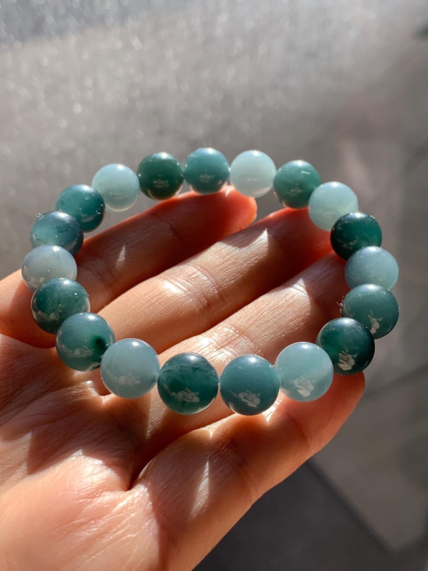 Natural Grade A Guatemalan Icy Translucent Dusty Teal Blue Multicolored Jade Jadeite Beaded Bracelet 9.7mm 7” 31g 天然冰危蓝水多宝翡翠手串 WDB150B
