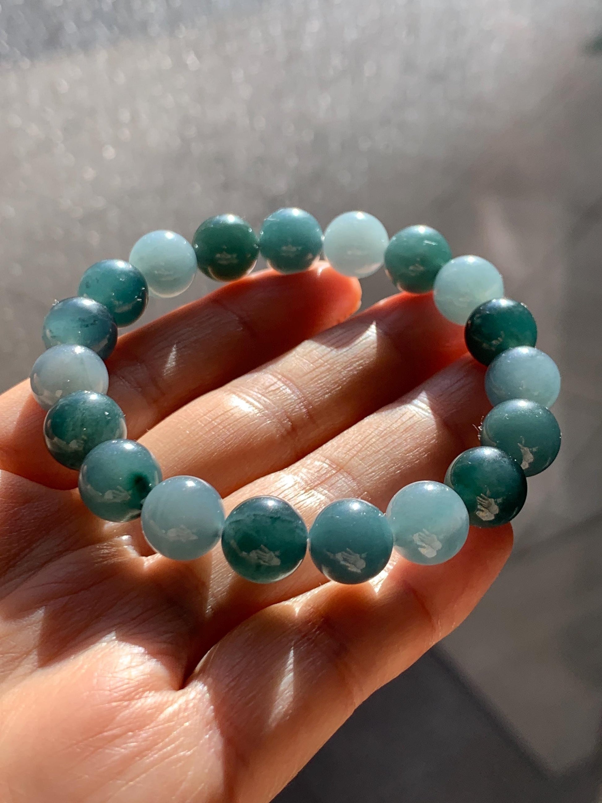 Natural Grade A Guatemalan Icy Translucent Dusty Teal Blue Multicolored Jade Jadeite Beaded Bracelet 9.7mm 7” 31g 天然冰危蓝水多宝翡翠手串 WDB150B