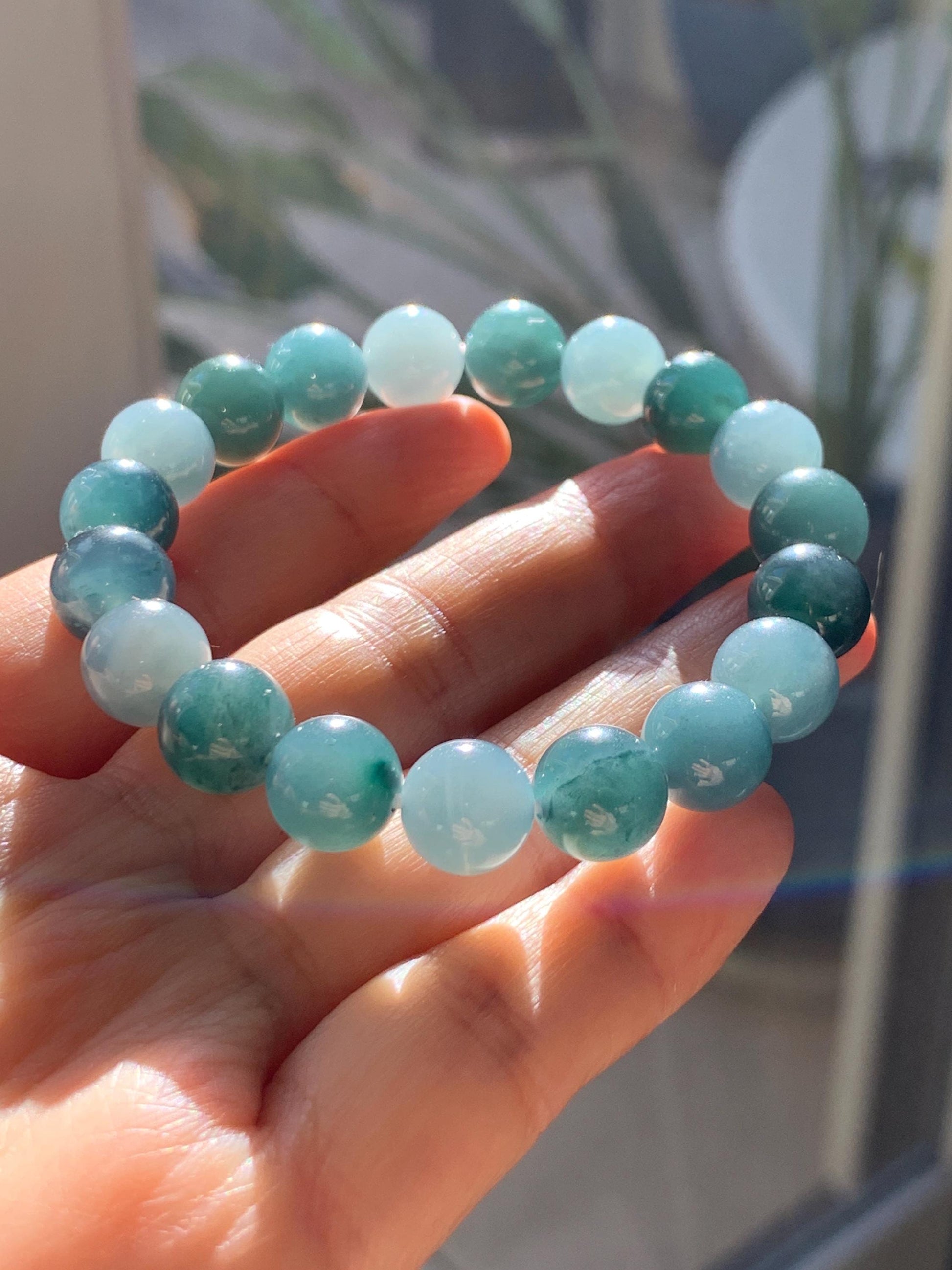 Natural Grade A Guatemalan Icy Translucent Dusty Teal Blue Multicolored Jade Jadeite Beaded Bracelet 9.7mm 7” 31g 天然冰危蓝水多宝翡翠手串 WDB150B