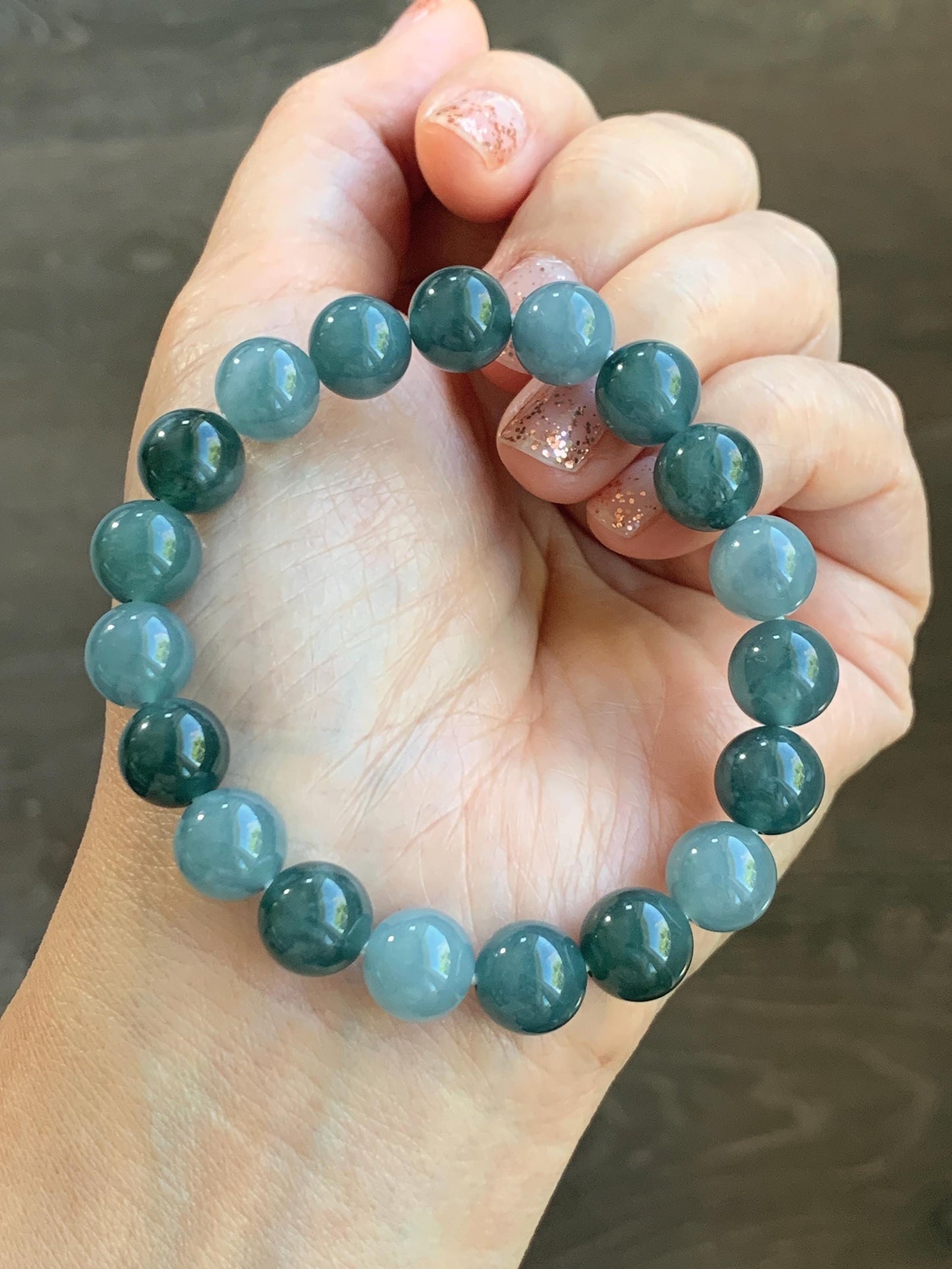 Natural Grade A Guatemalan Icy Translucent Dusty Teal Blue Multicolored Jade Jadeite Beaded Bracelet 9.7mm 7” 31g 天然冰危蓝水多宝翡翠手串 WDB150B