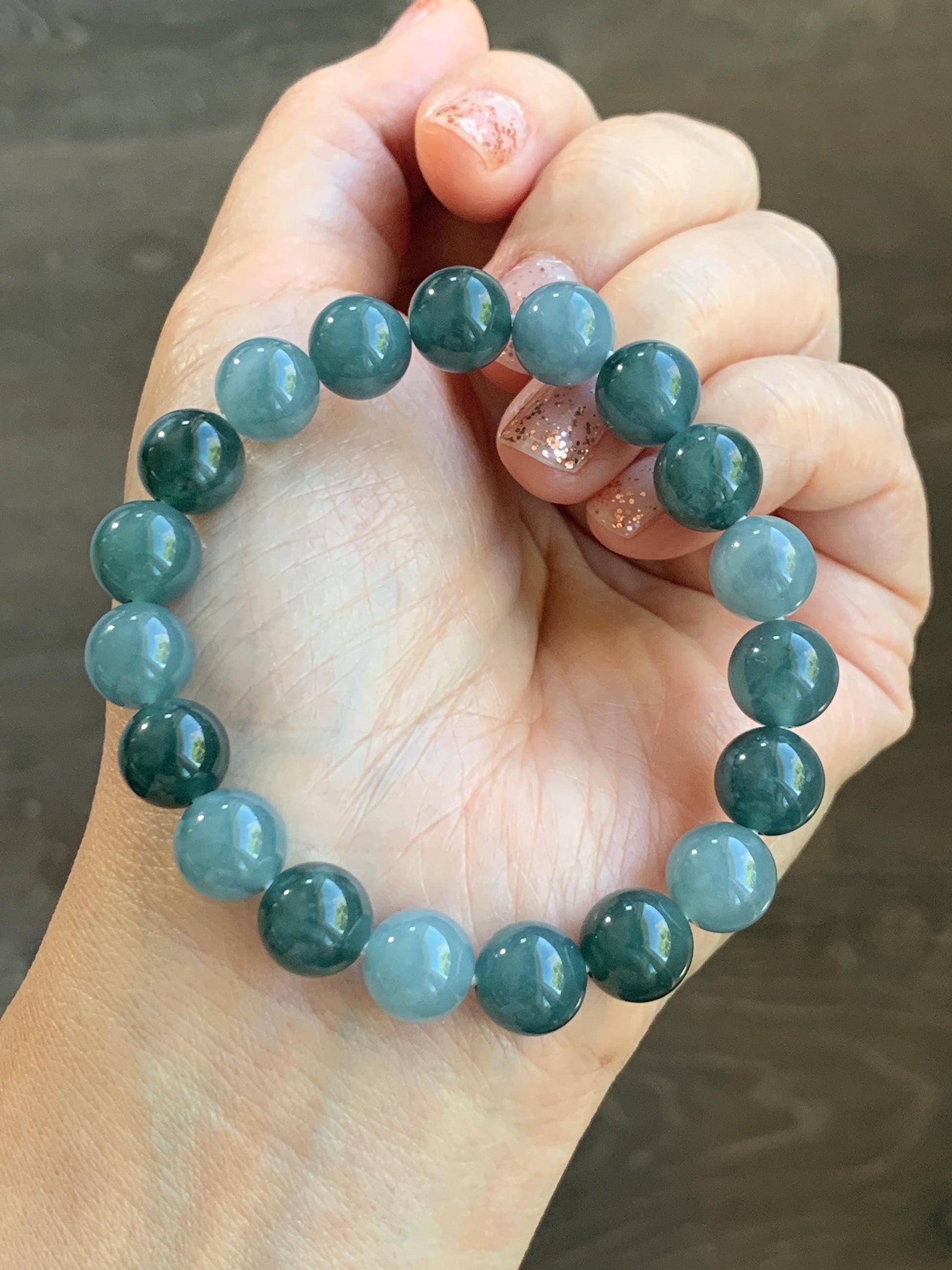 Natural Grade A Guatemalan Icy Translucent Dusty Teal Blue Multicolored Jade Jadeite Beaded Bracelet 9.7mm 7” 31g 天然冰危蓝水多宝翡翠手串 WDB150B