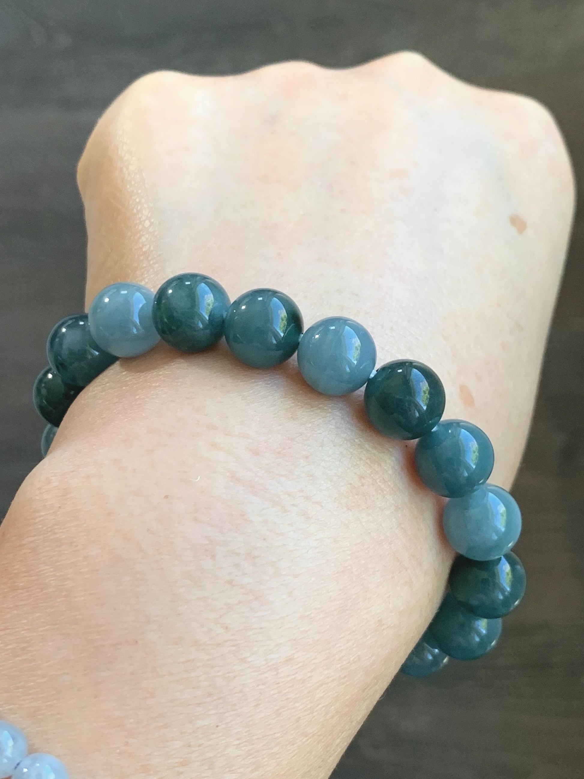 Natural Grade A Guatemalan Icy Translucent Dusty Teal Blue Multicolored Jade Jadeite Beaded Bracelet 9.7mm 7” 31g 天然冰危蓝水多宝翡翠手串 WDB150B