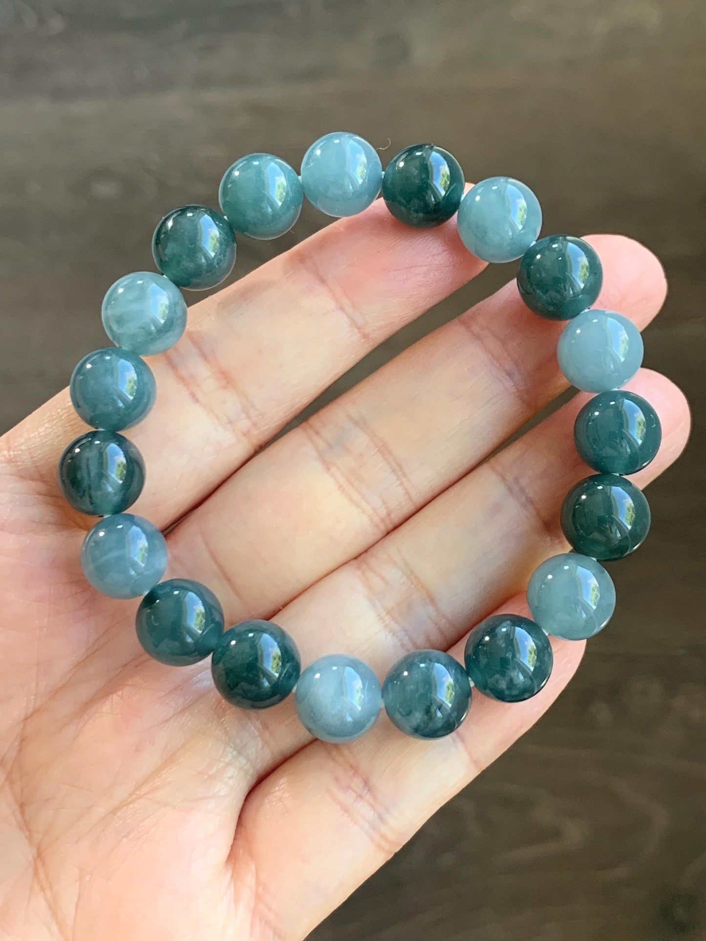 Natural Grade A Guatemalan Icy Translucent Dusty Teal Blue Multicolored Jade Jadeite Beaded Bracelet 9.7mm 7” 31g 天然冰危蓝水多宝翡翠手串 WDB150B
