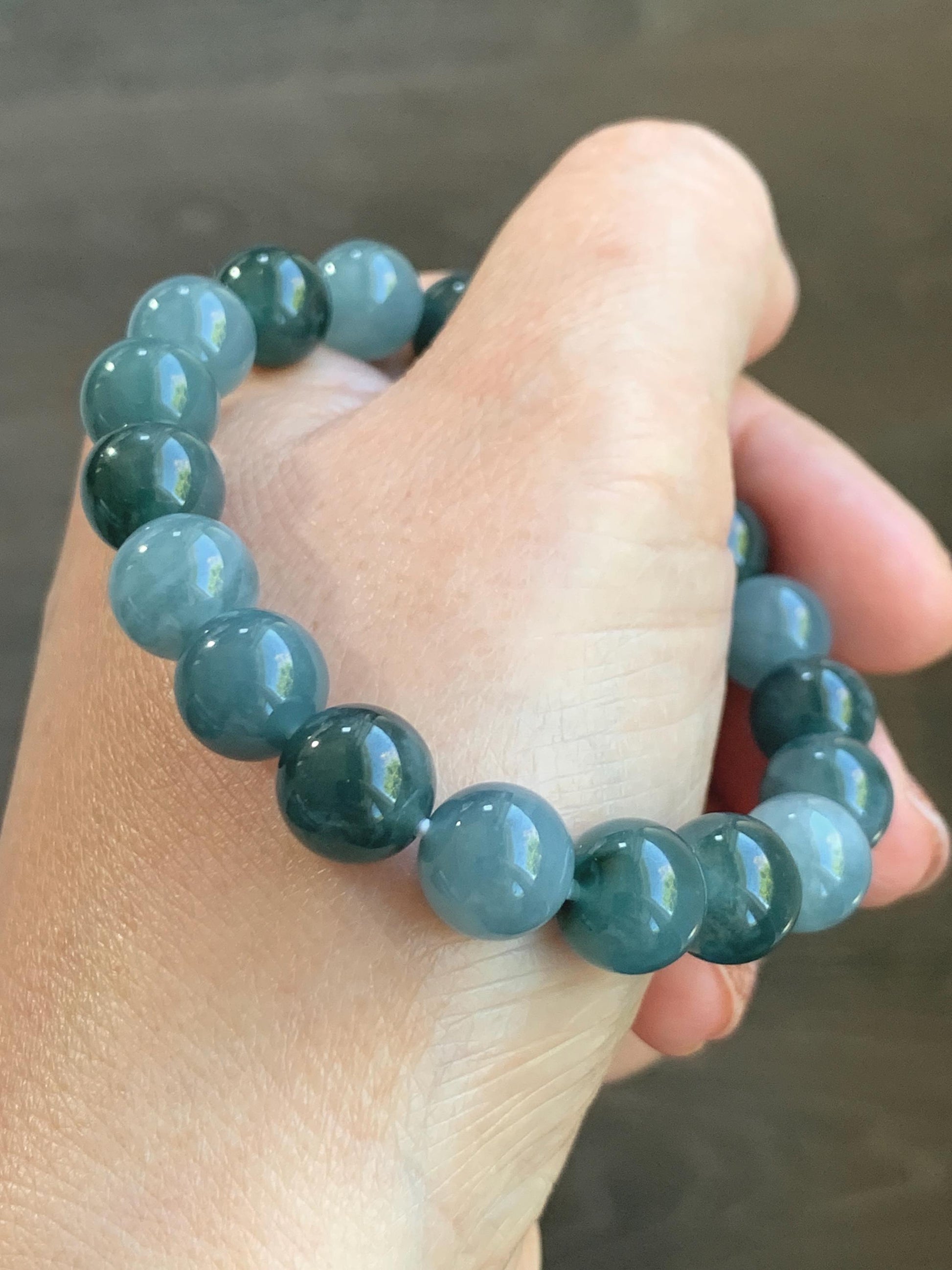 Natural Grade A Guatemalan Icy Translucent Dusty Teal Blue Multicolored Jade Jadeite Beaded Bracelet 9.7mm 7” 31g 天然冰危蓝水多宝翡翠手串 WDB150B