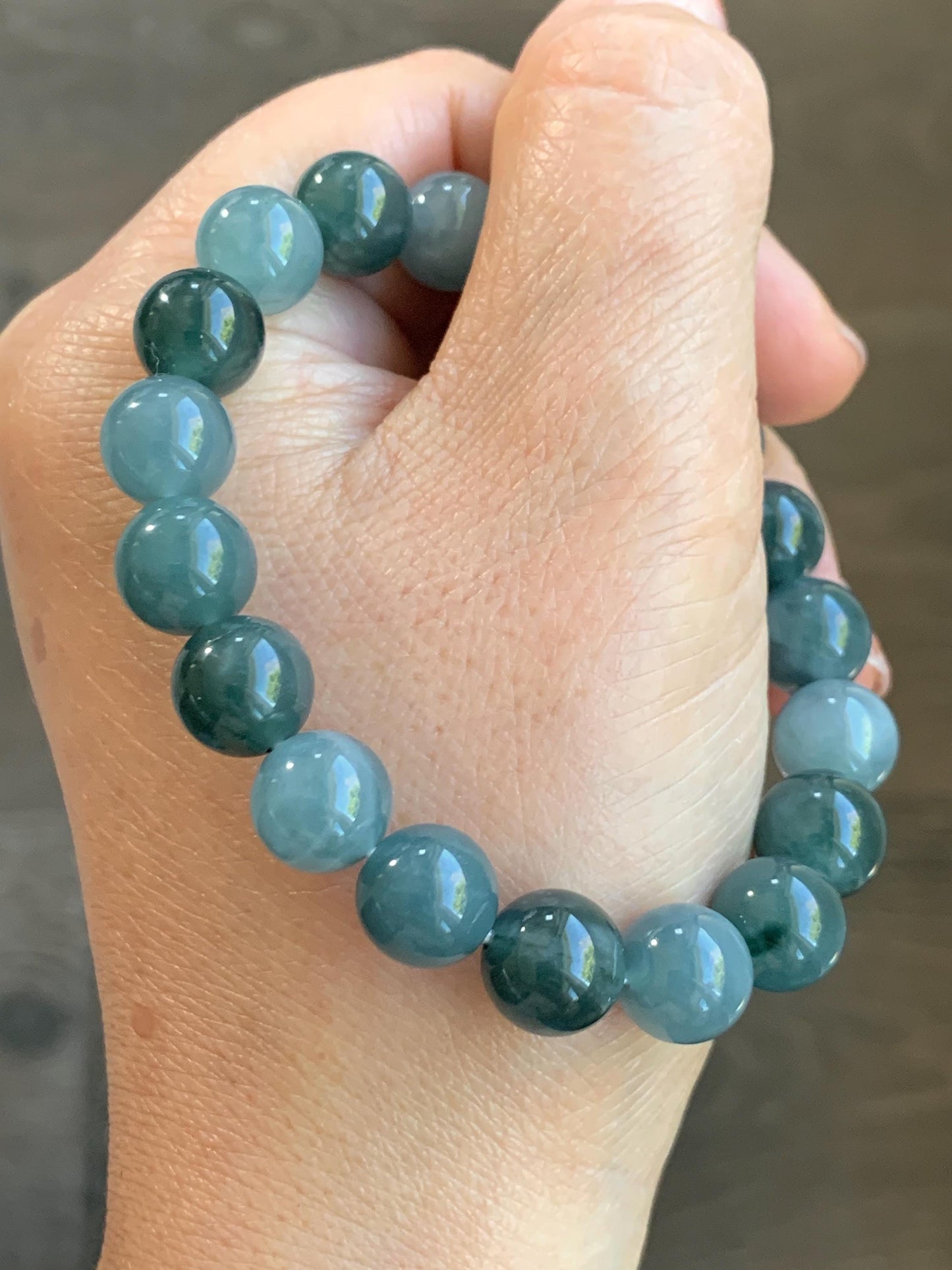 Natural Grade A Guatemalan Icy Translucent Dusty Teal Blue Multicolored Jade Jadeite Beaded Bracelet 9.7mm 7” 31g 天然冰危蓝水多宝翡翠手串 WDB150B
