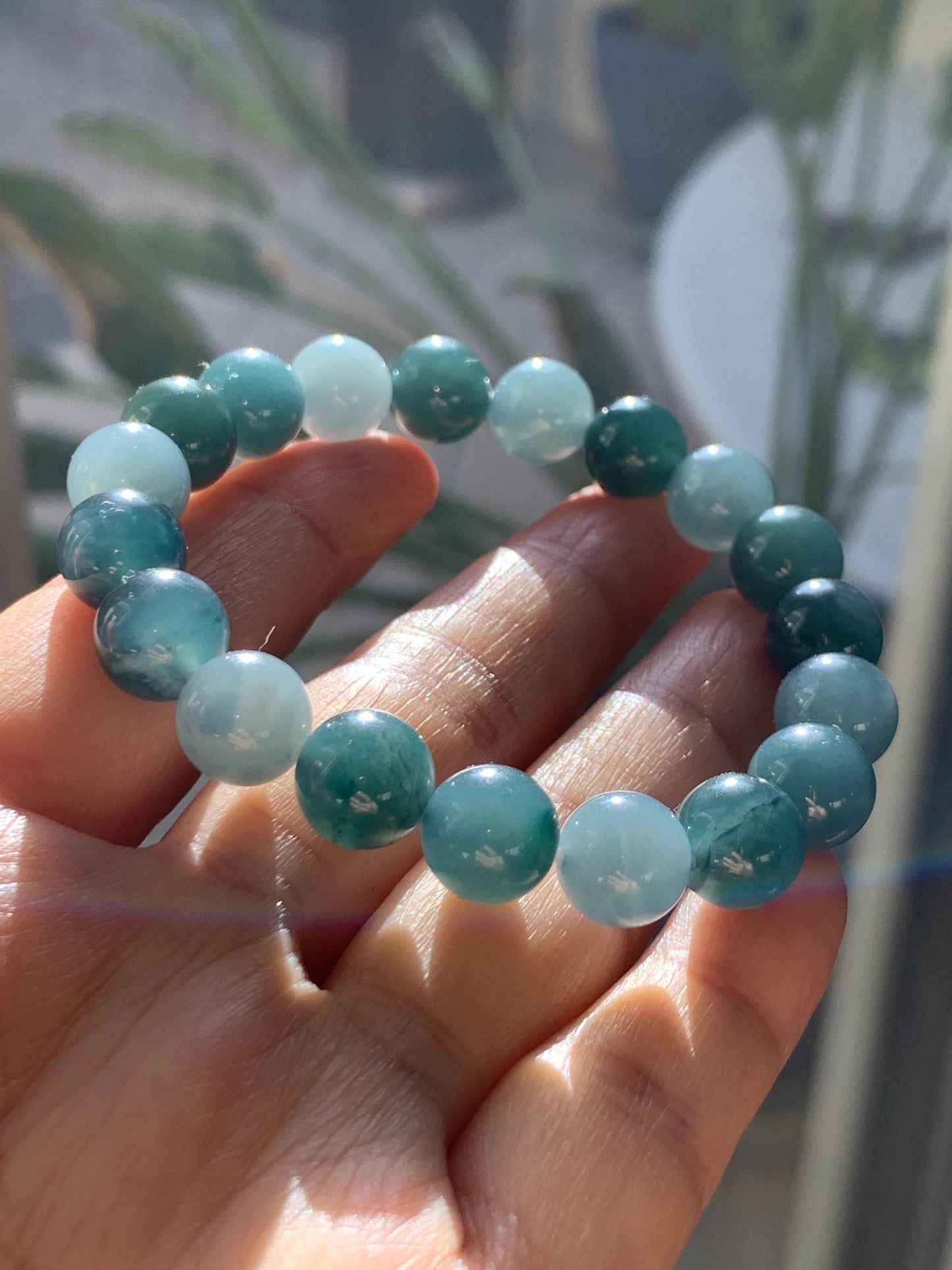 Natural Grade A Guatemalan Icy Translucent Dusty Teal Blue Multicolored Jade Jadeite Beaded Bracelet 9.7mm 7” 31g 天然冰危蓝水多宝翡翠手串 WDB150B