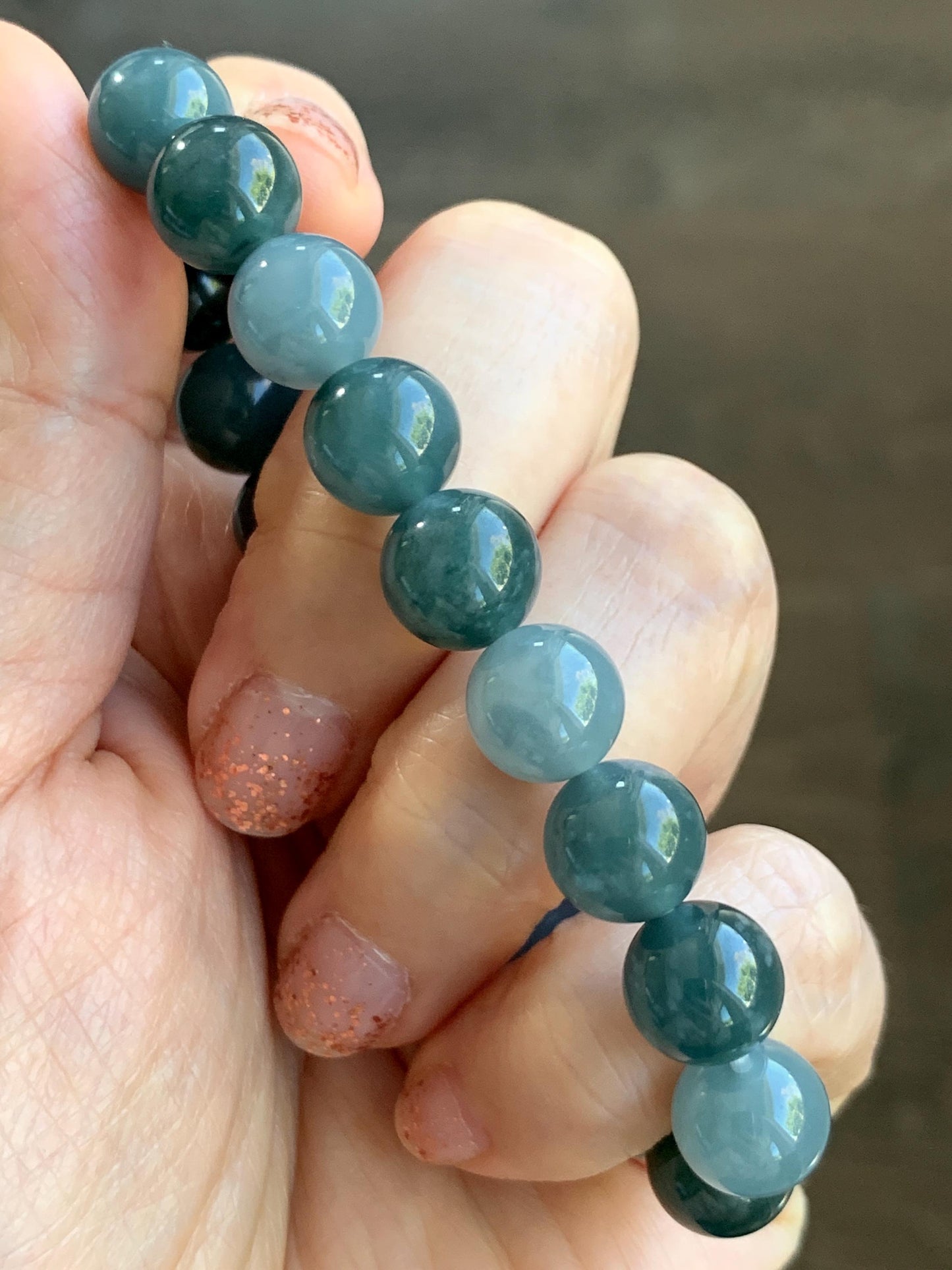 Natural Grade A Guatemalan Icy Translucent Dusty Teal Blue Multicolored Jade Jadeite Beaded Bracelet 9.7mm 7” 31g 天然冰危蓝水多宝翡翠手串 WDB150B