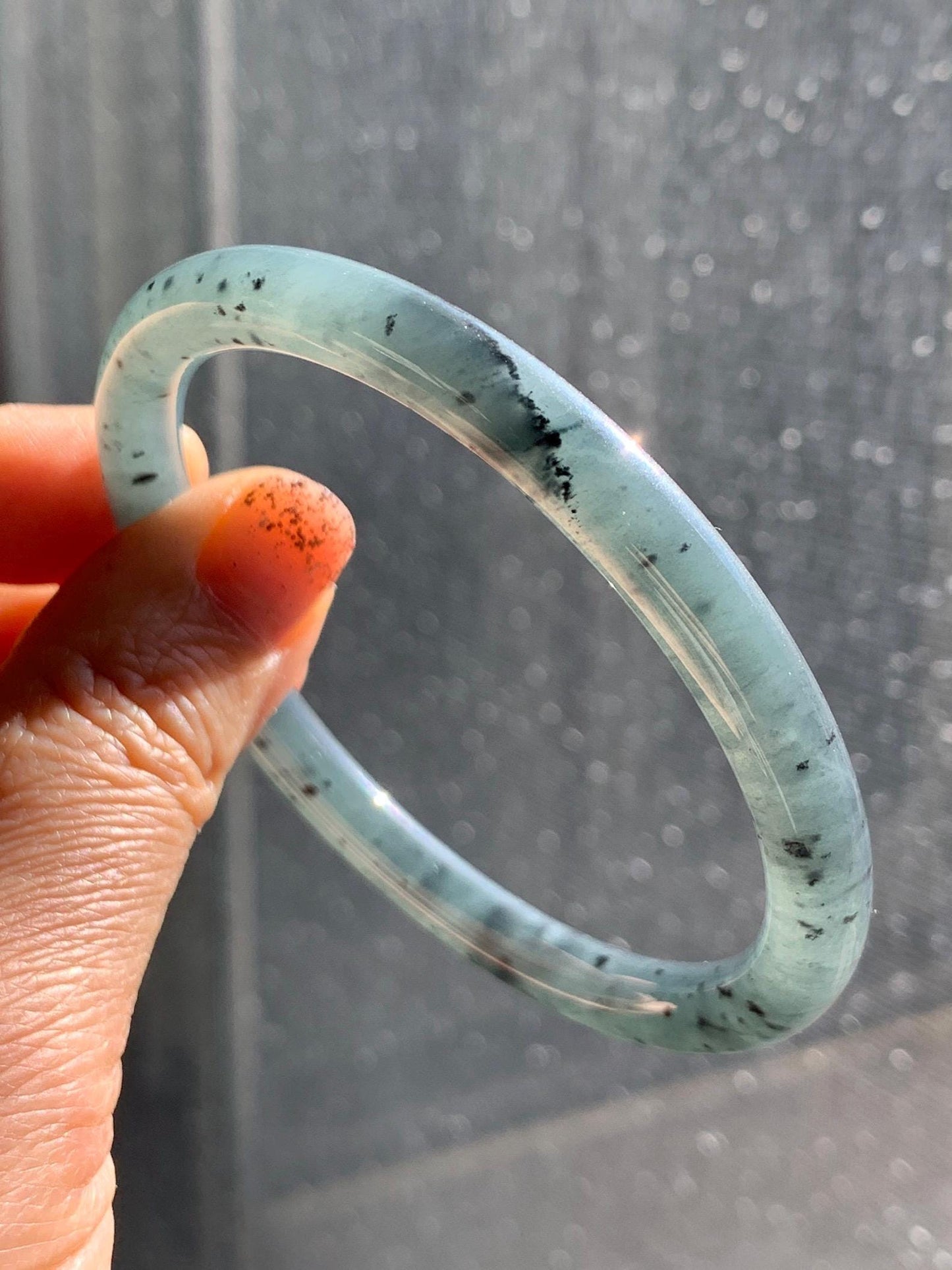 Certified Natural Grade A Guatemalan Icy Translucent Grayish Blue Wuji Marbled Jade Jadeite Bangle Bracelet 59.7mm 7.38” 天然冰危蓝灰乌鸡细圆条翡翠手镯 459