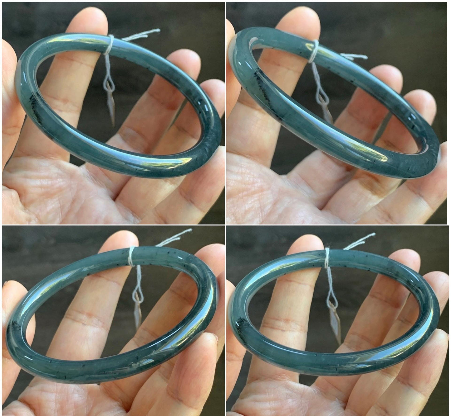 Certified Natural Grade A Guatemalan Icy Translucent Grayish Blue Wuji Marbled Jade Jadeite Bangle Bracelet 59.7mm 7.38” 天然冰危蓝灰乌鸡细圆条翡翠手镯 459