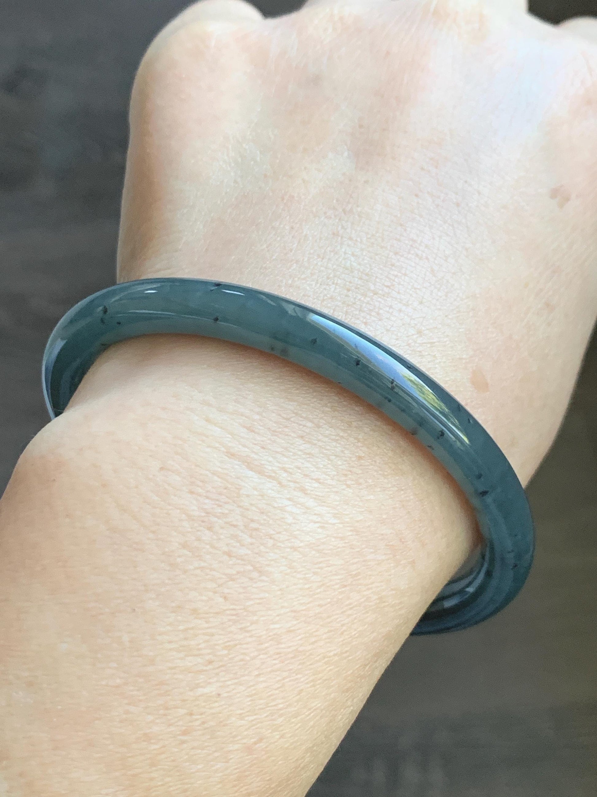 Certified Natural Grade A Guatemalan Icy Translucent Grayish Blue Wuji Marbled Jade Jadeite Bangle Bracelet 59.7mm 7.38” 天然冰危蓝灰乌鸡细圆条翡翠手镯 459