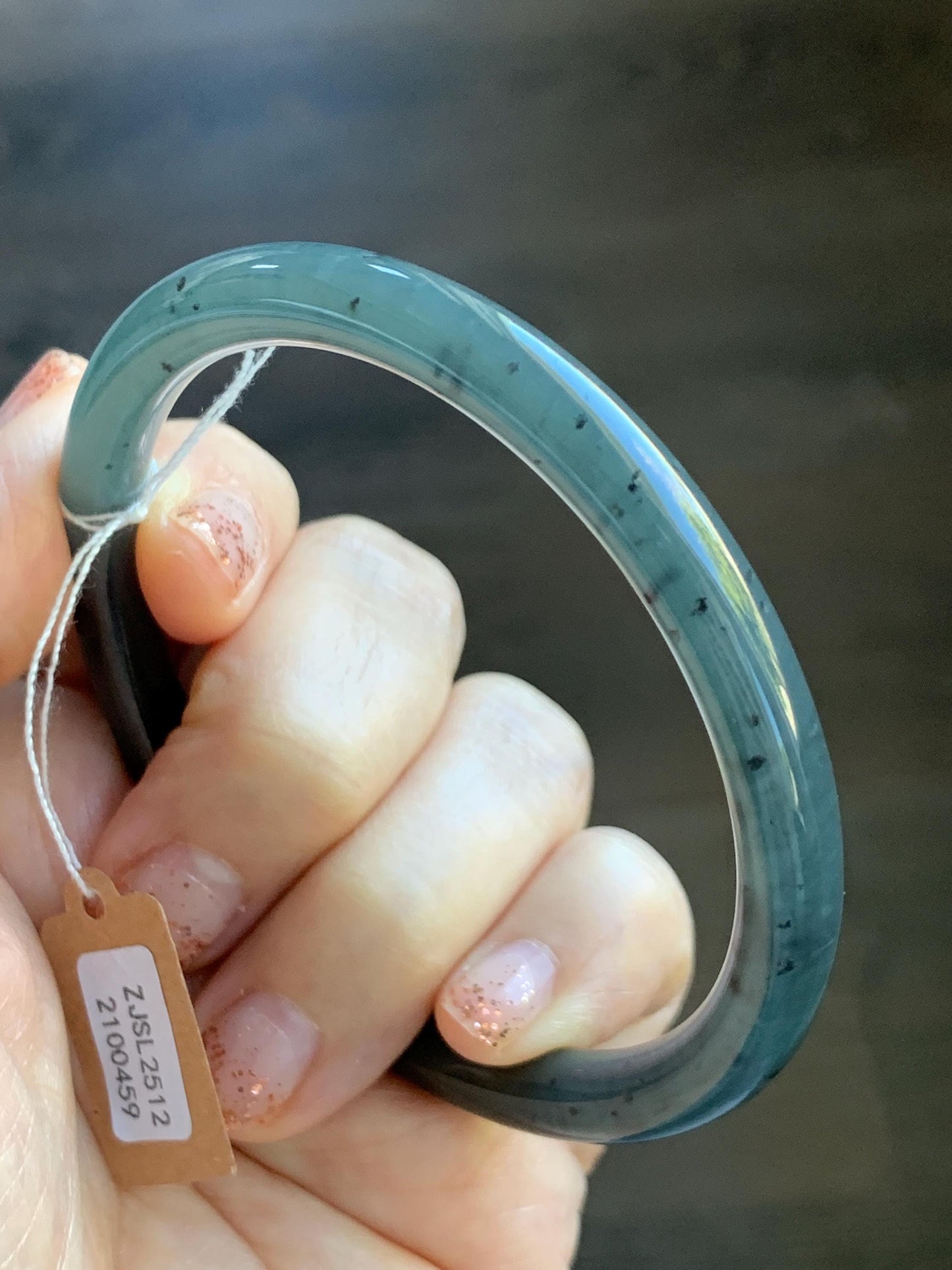Certified Natural Grade A Guatemalan Icy Translucent Grayish Blue Wuji Marbled Jade Jadeite Bangle Bracelet 59.7mm 7.38” 天然冰危蓝灰乌鸡细圆条翡翠手镯 459