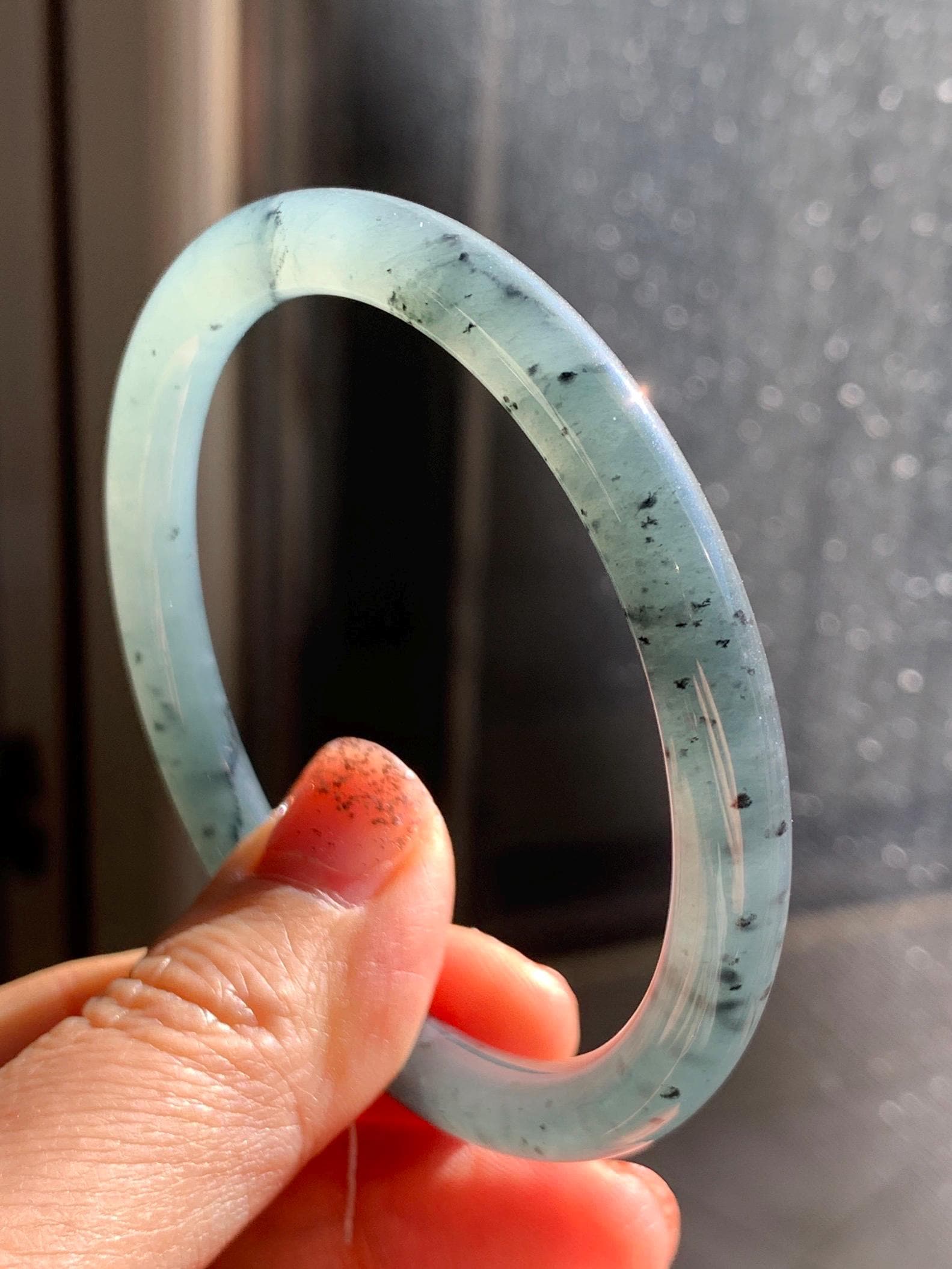Certified Natural Grade A Guatemalan Icy Translucent Grayish Blue Wuji Marbled Jade Jadeite Bangle Bracelet 55.7mm 6.88” 天然冰危蓝灰乌鸡细圆条翡翠手镯 462