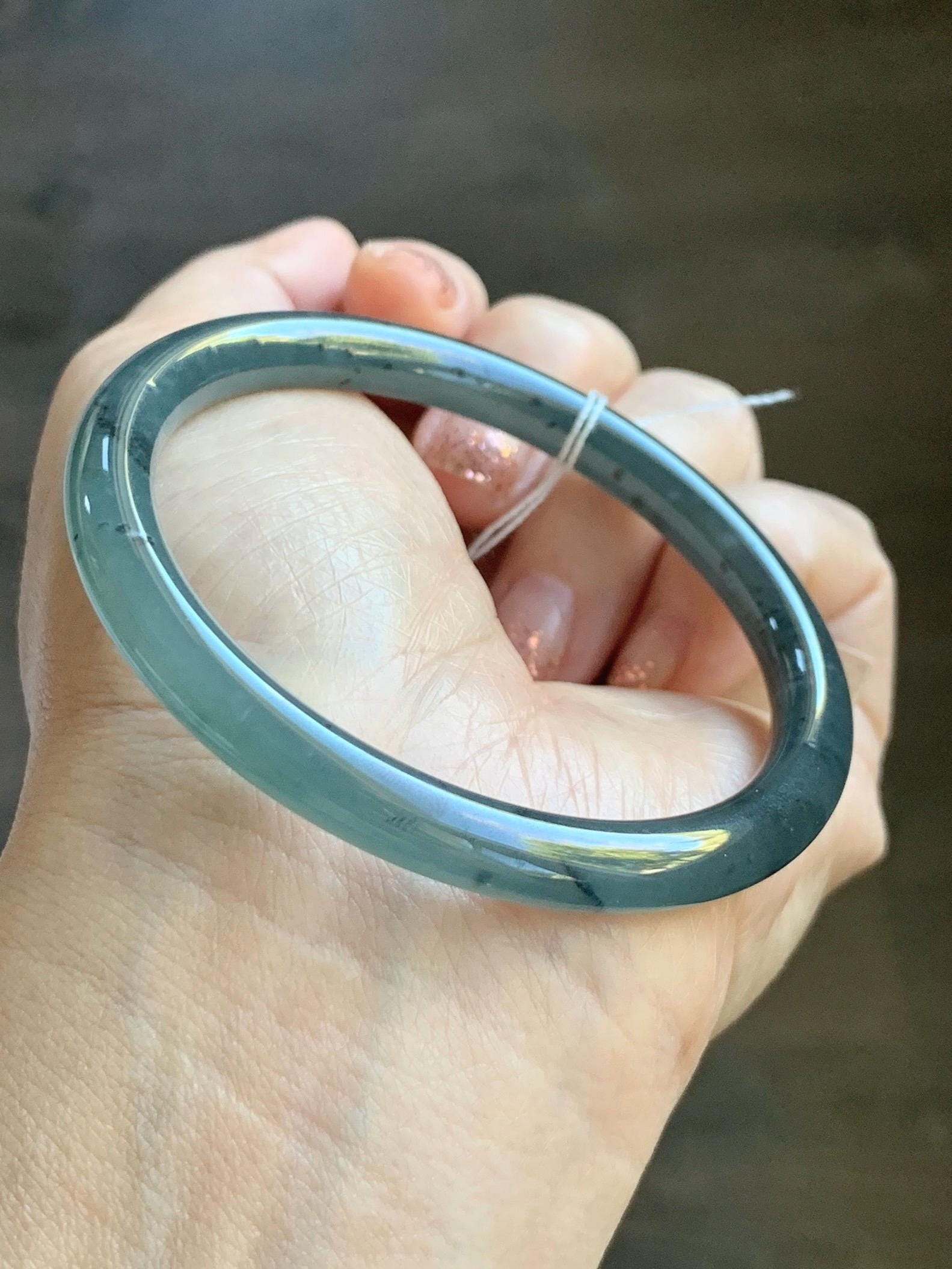 Certified Natural Grade A Guatemalan Icy Translucent Grayish Blue Wuji Marbled Jade Jadeite Bangle Bracelet 55.7mm 6.88” 天然冰危蓝灰乌鸡细圆条翡翠手镯 462