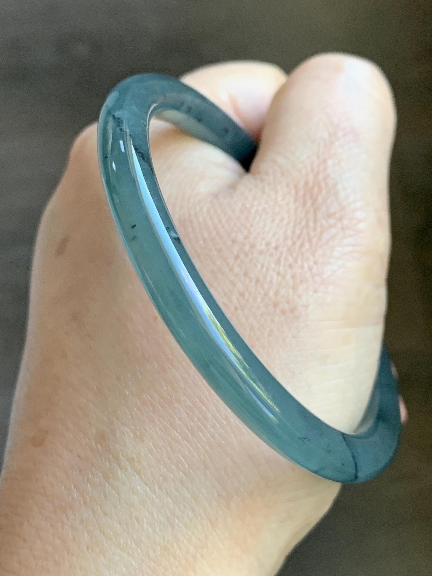 Certified Natural Grade A Guatemalan Icy Translucent Grayish Blue Wuji Marbled Jade Jadeite Bangle Bracelet 55.7mm 6.88” 天然冰危蓝灰乌鸡细圆条翡翠手镯 462