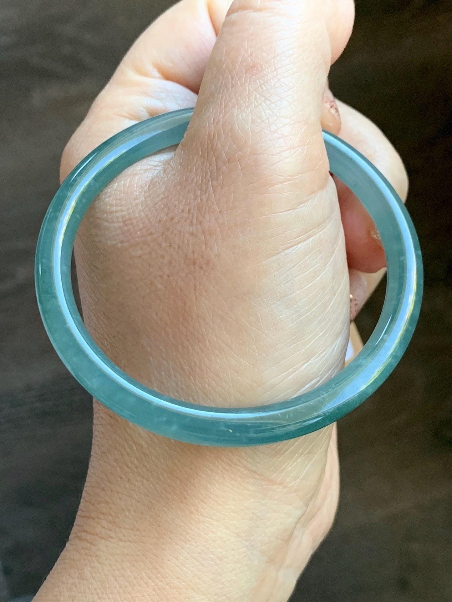 Certified Natural Grade A Guatemalan Icy Translucent Dusty Teal Green Jade Jadeite Slim Bangle Bracelet 56mm 6.92” 天然冰危晴蓝翡翠细圆条手镯 452