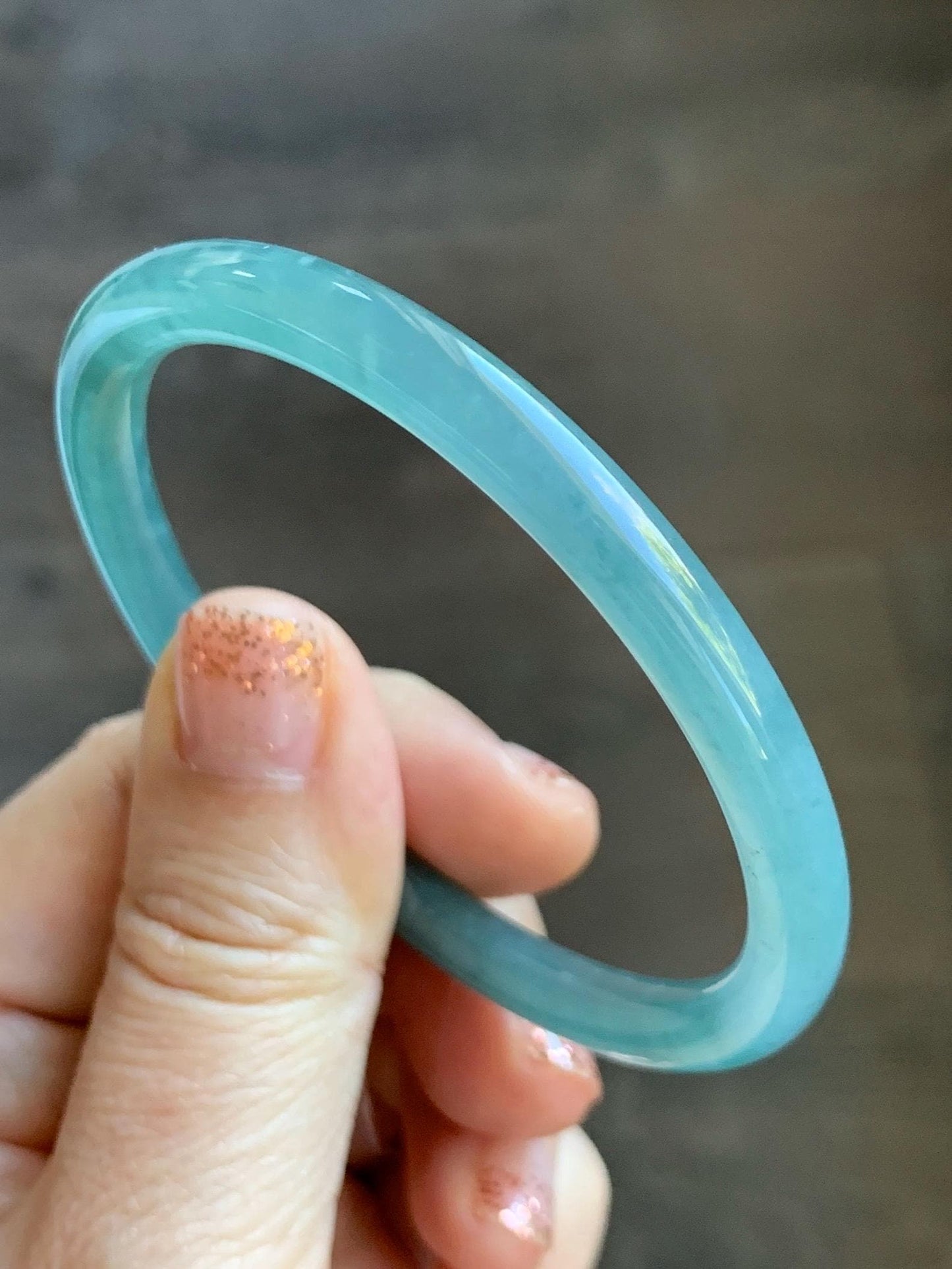 Certified Natural Grade A Guatemalan Icy Translucent Dusty Teal Green Jade Jadeite Slim Bangle Bracelet 56mm 6.92” 天然冰危晴蓝翡翠细圆条手镯 452