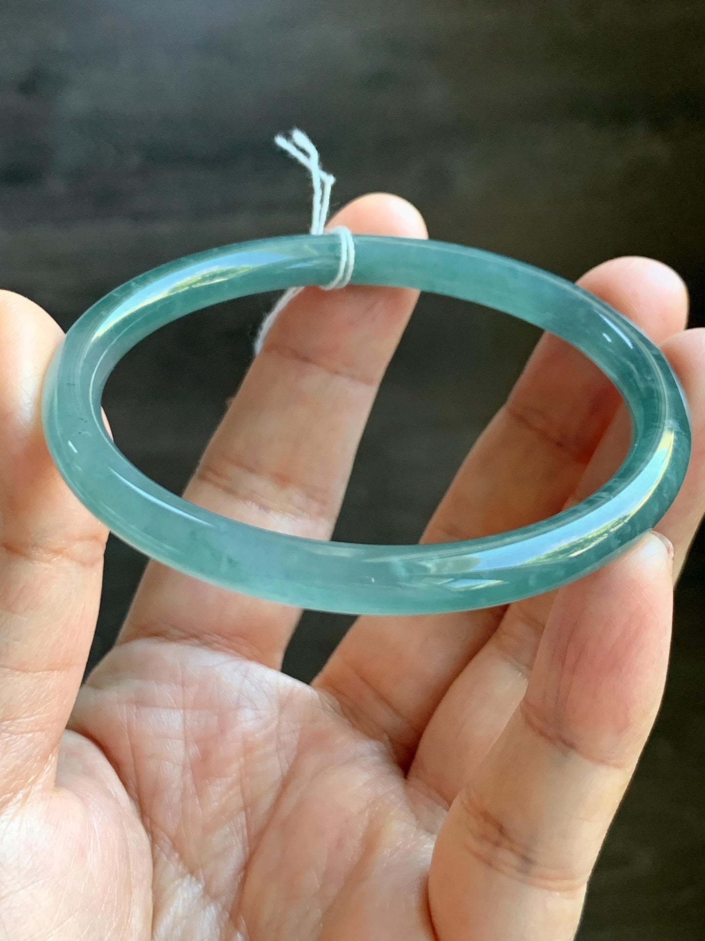 Certified Natural Grade A Guatemalan Icy Translucent Dusty Teal Green Jade Jadeite Slim Bangle Bracelet 56mm 6.92” 天然冰危晴蓝翡翠细圆条手镯 452