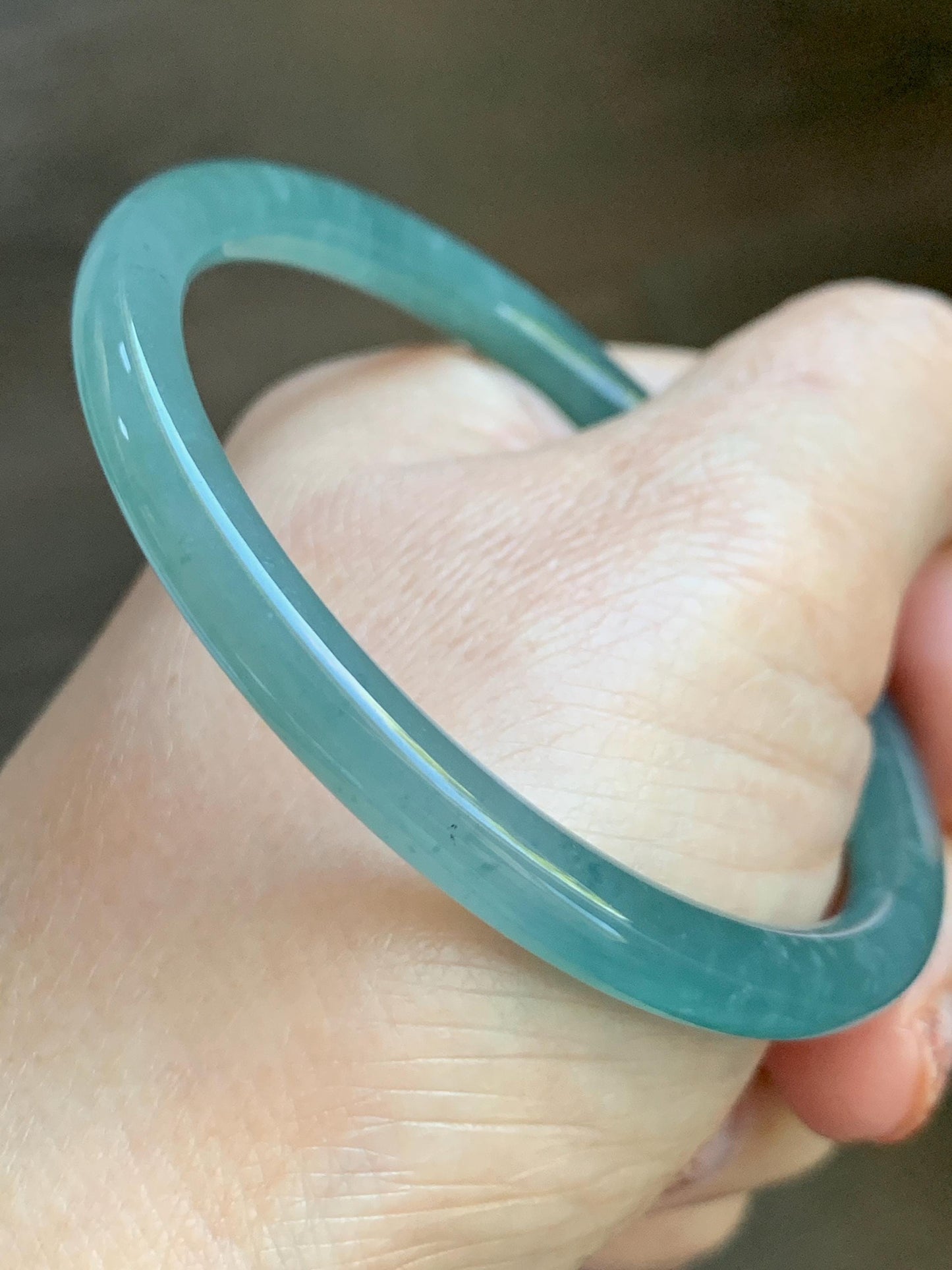 Certified Natural Grade A Guatemalan Icy Translucent Dusty Teal Green Jade Jadeite Slim Bangle Bracelet 56mm 6.92” 天然冰危晴蓝翡翠细圆条手镯 452