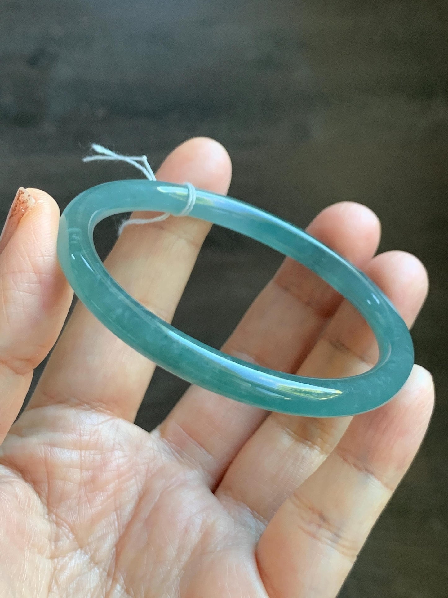 Certified Natural Grade A Guatemalan Icy Translucent Dusty Teal Green Jade Jadeite Slim Bangle Bracelet 56mm 6.92” 天然冰危晴蓝翡翠细圆条手镯 452
