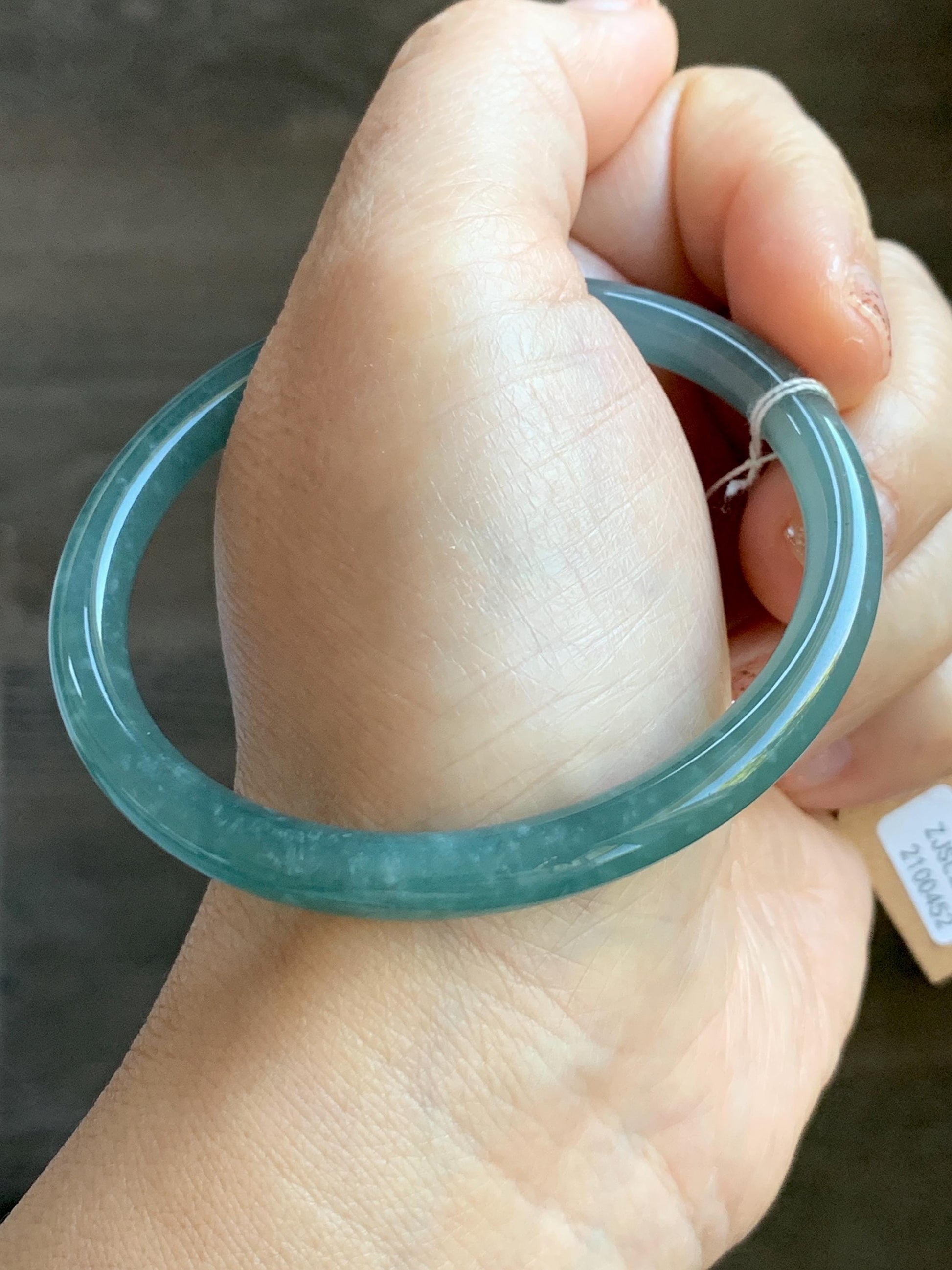 Certified Natural Grade A Guatemalan Icy Translucent Dusty Teal Green Jade Jadeite Slim Bangle Bracelet 56mm 6.92” 天然冰危晴蓝翡翠细圆条手镯 452
