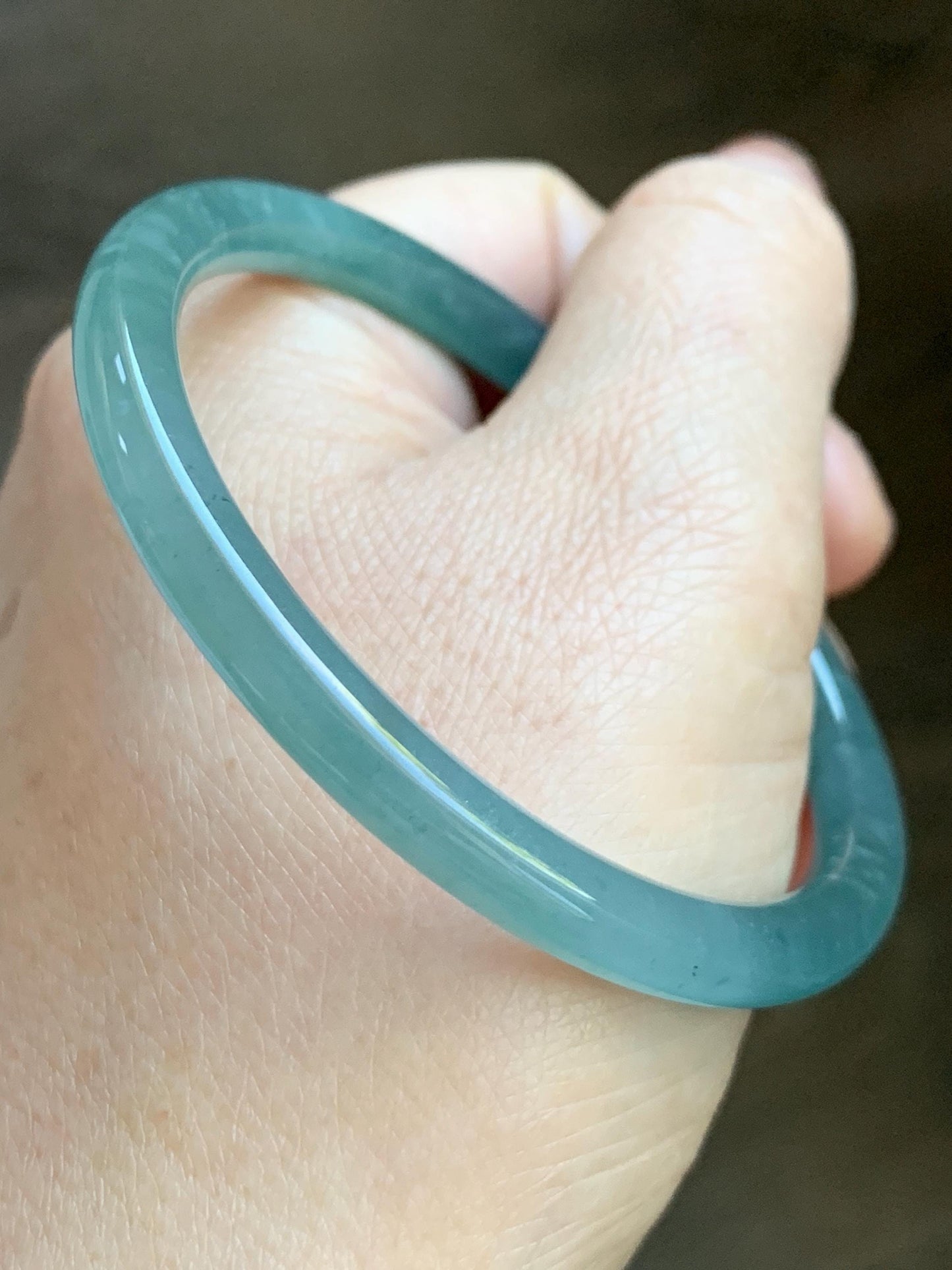 Certified Natural Grade A Guatemalan Icy Translucent Dusty Teal Green Jade Jadeite Slim Bangle Bracelet 56mm 6.92” 天然冰危晴蓝翡翠细圆条手镯 452