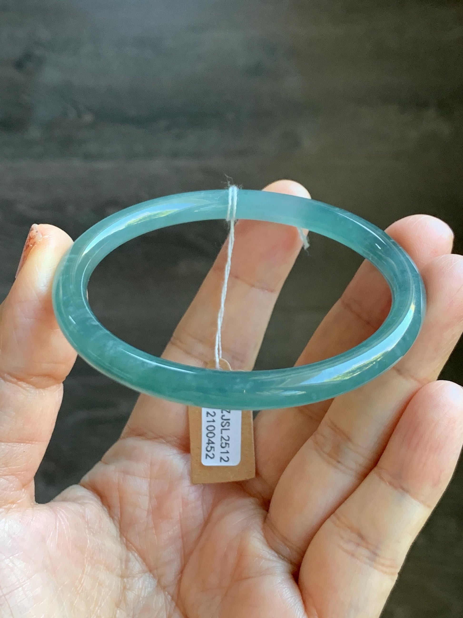 Certified Natural Grade A Guatemalan Icy Translucent Dusty Teal Green Jade Jadeite Slim Bangle Bracelet 56mm 6.92” 天然冰危晴蓝翡翠细圆条手镯 452