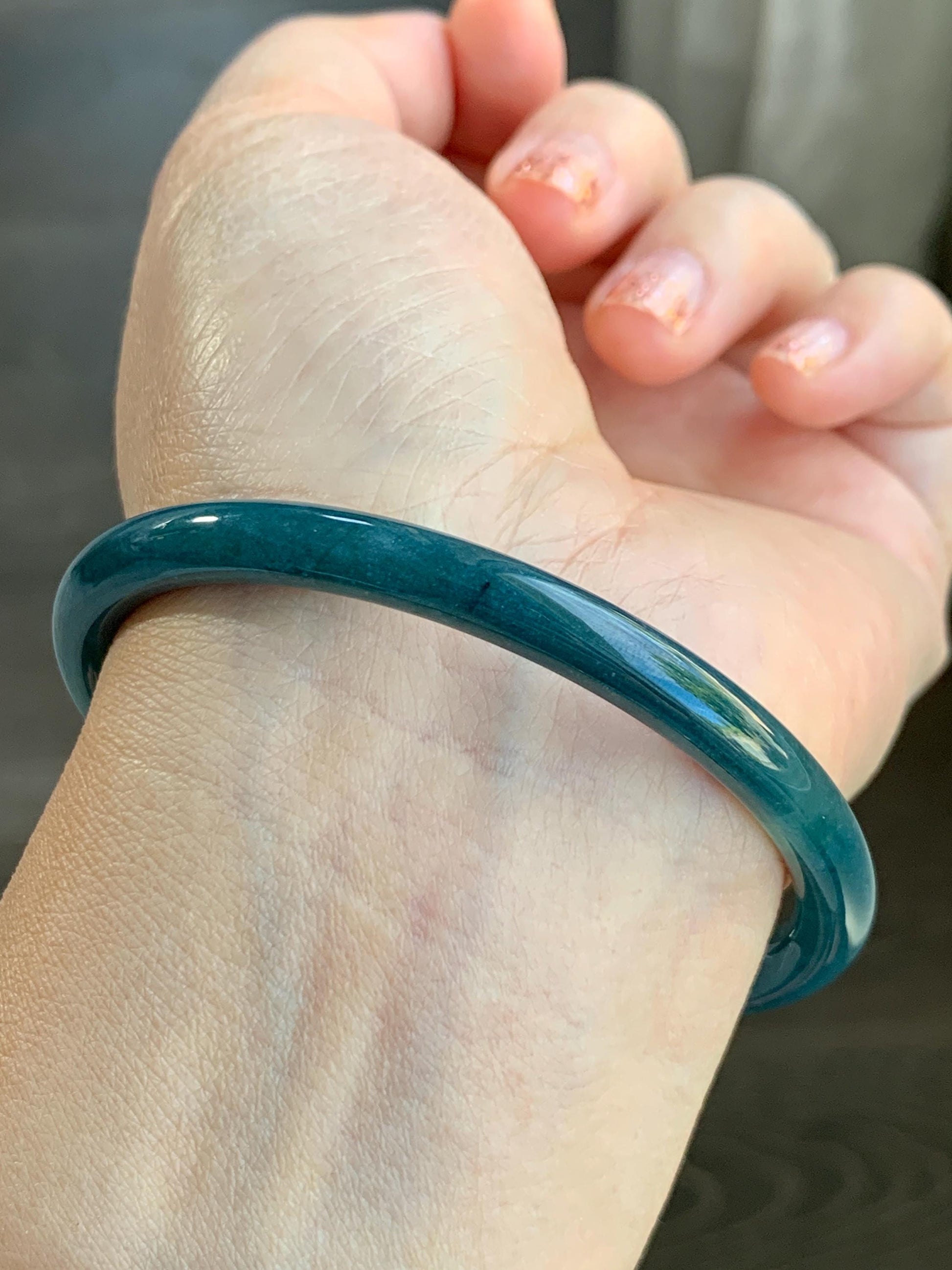 Certified Natural Grade A Guatemalan Icy Translucent Dark Aegean Blue Jade Jadeite Bangle Bracelet 59.69mm 7.37” 21g 天然危深牛仔蓝翡翠细圆条手镯 464