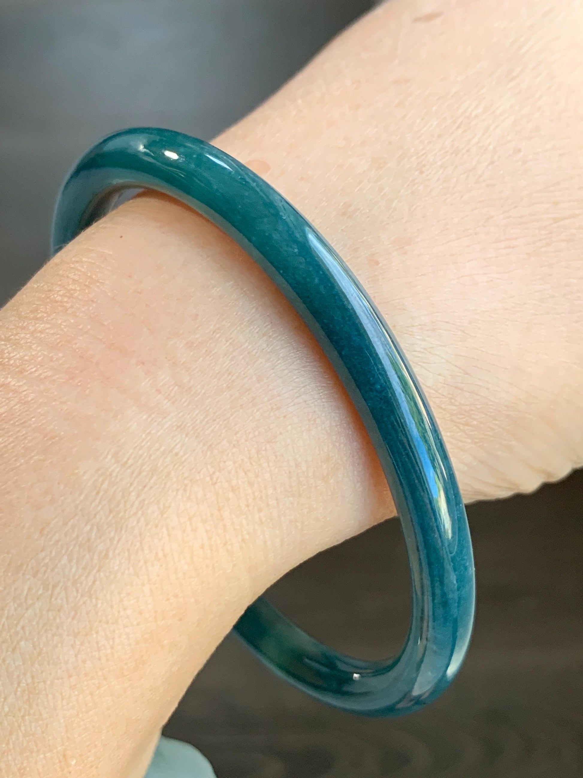 Certified Natural Grade A Guatemalan Icy Translucent Dark Aegean Blue Jade Jadeite Bangle Bracelet 59.69mm 7.37” 21g 天然危深牛仔蓝翡翠细圆条手镯 464