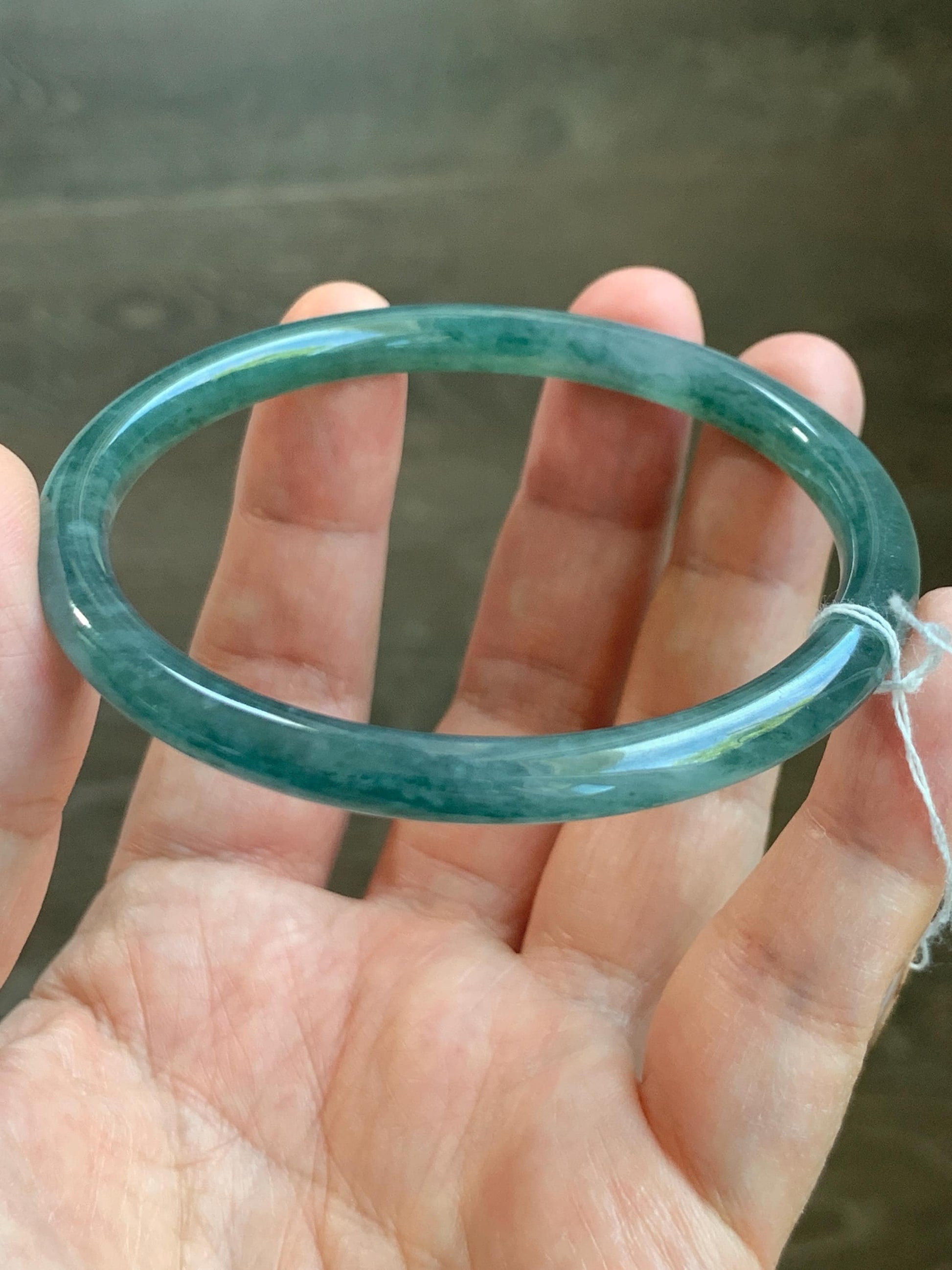Certified Natural Grade A Guatemalan Icy Translucent Teal Green Marbled Jade Jadeite Bangle 58.96mm 7.29” 天然冰胶危蓝飘花翡翠细圆条手镯 458