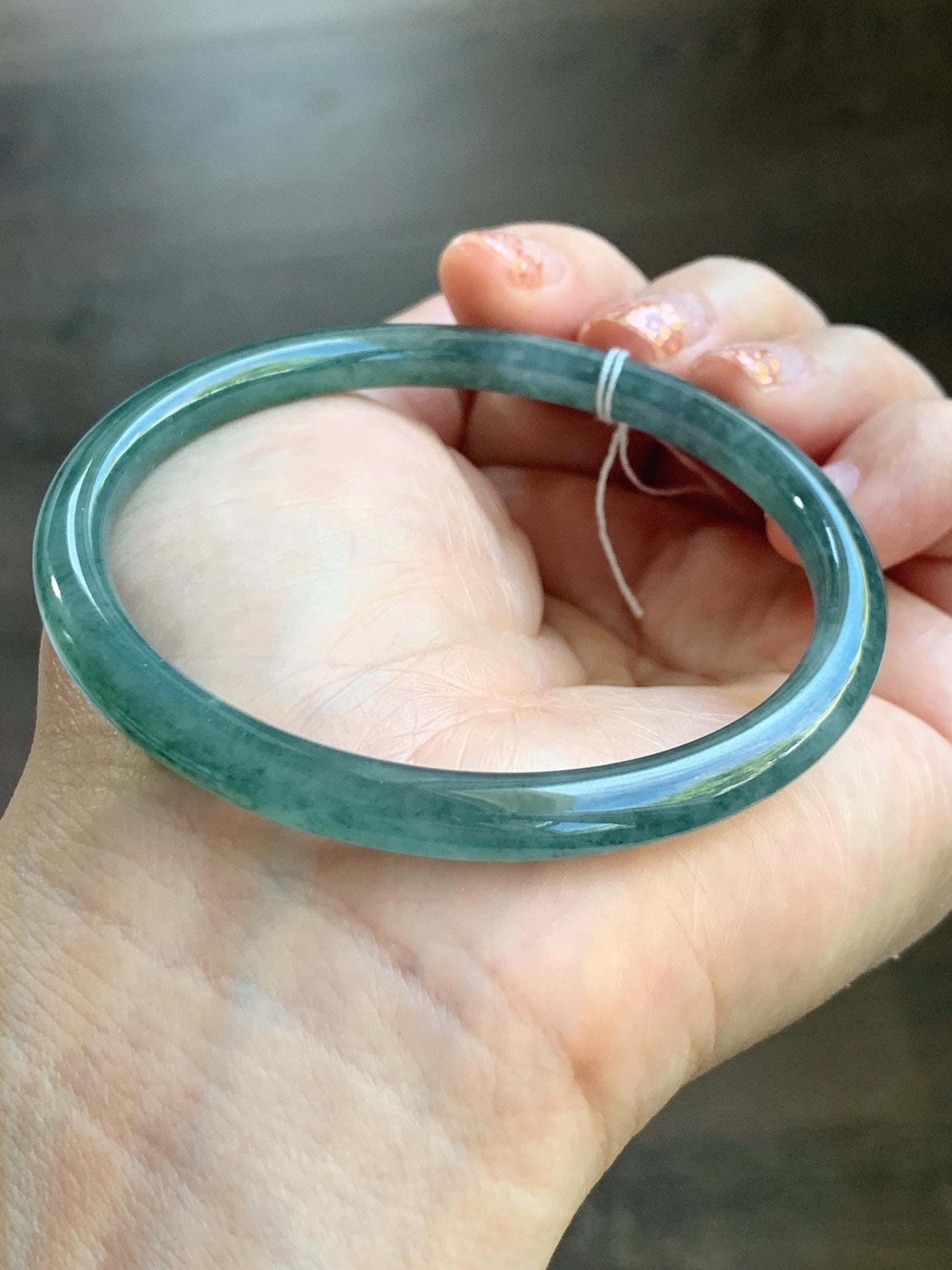 Certified Natural Grade A Guatemalan Icy Translucent Teal Green Marbled Jade Jadeite Bangle 58.96mm 7.29” 天然冰胶危蓝飘花翡翠细圆条手镯 458