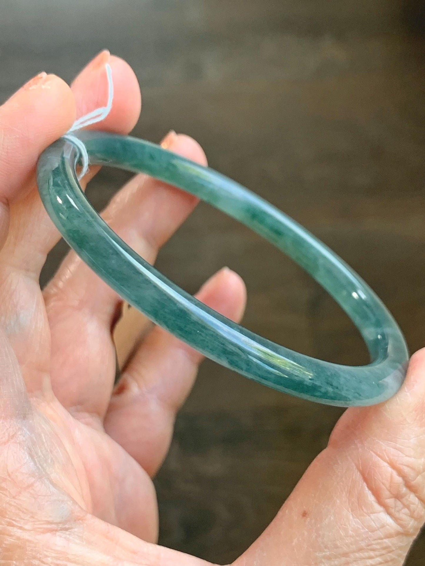 Certified Natural Grade A Guatemalan Icy Translucent Teal Green Marbled Jade Jadeite Bangle 58.96mm 7.29” 天然冰胶危蓝飘花翡翠细圆条手镯 458