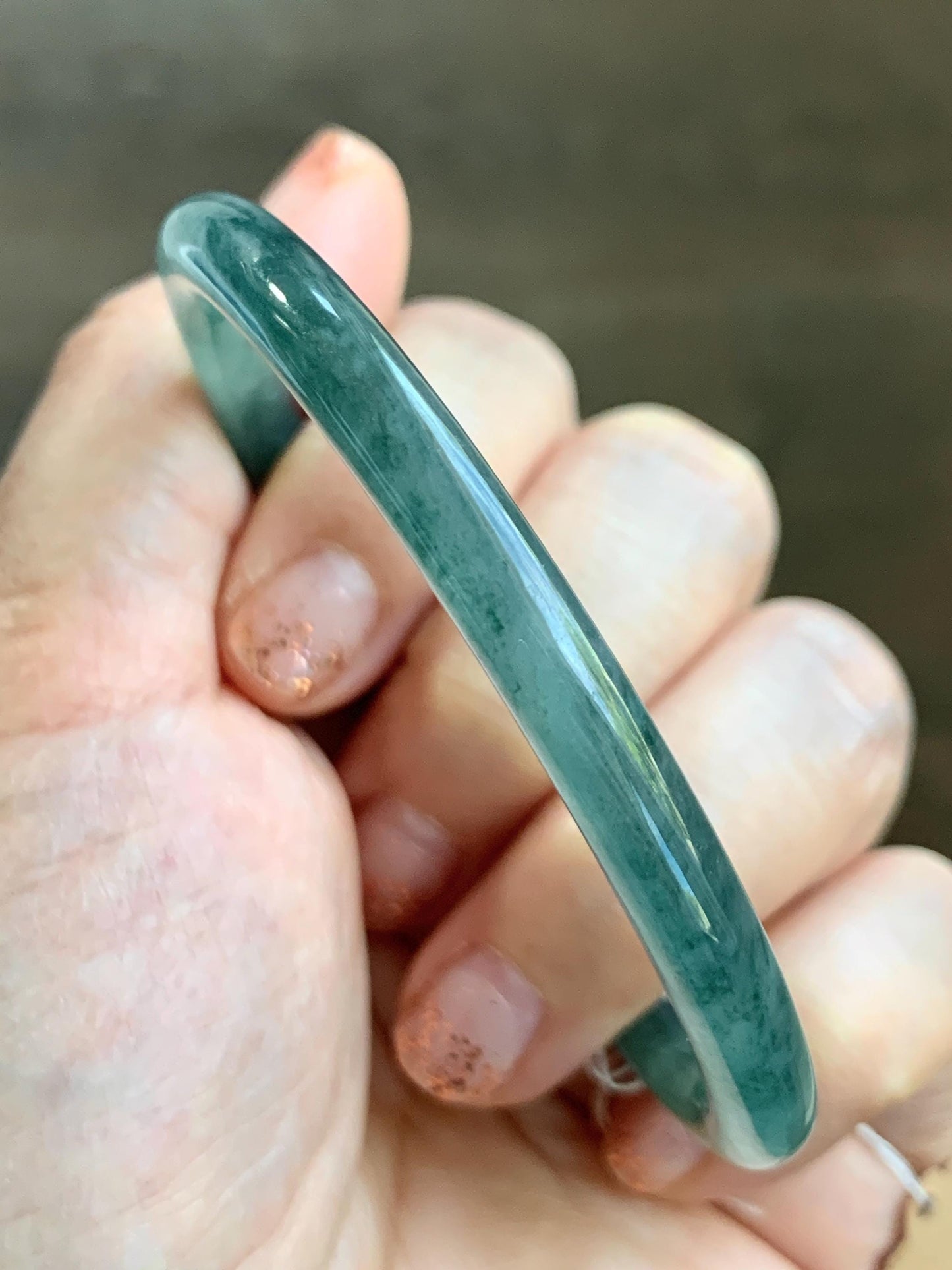 Certified Natural Grade A Guatemalan Icy Translucent Teal Green Marbled Jade Jadeite Bangle 58.96mm 7.29” 天然冰胶危蓝飘花翡翠细圆条手镯 458