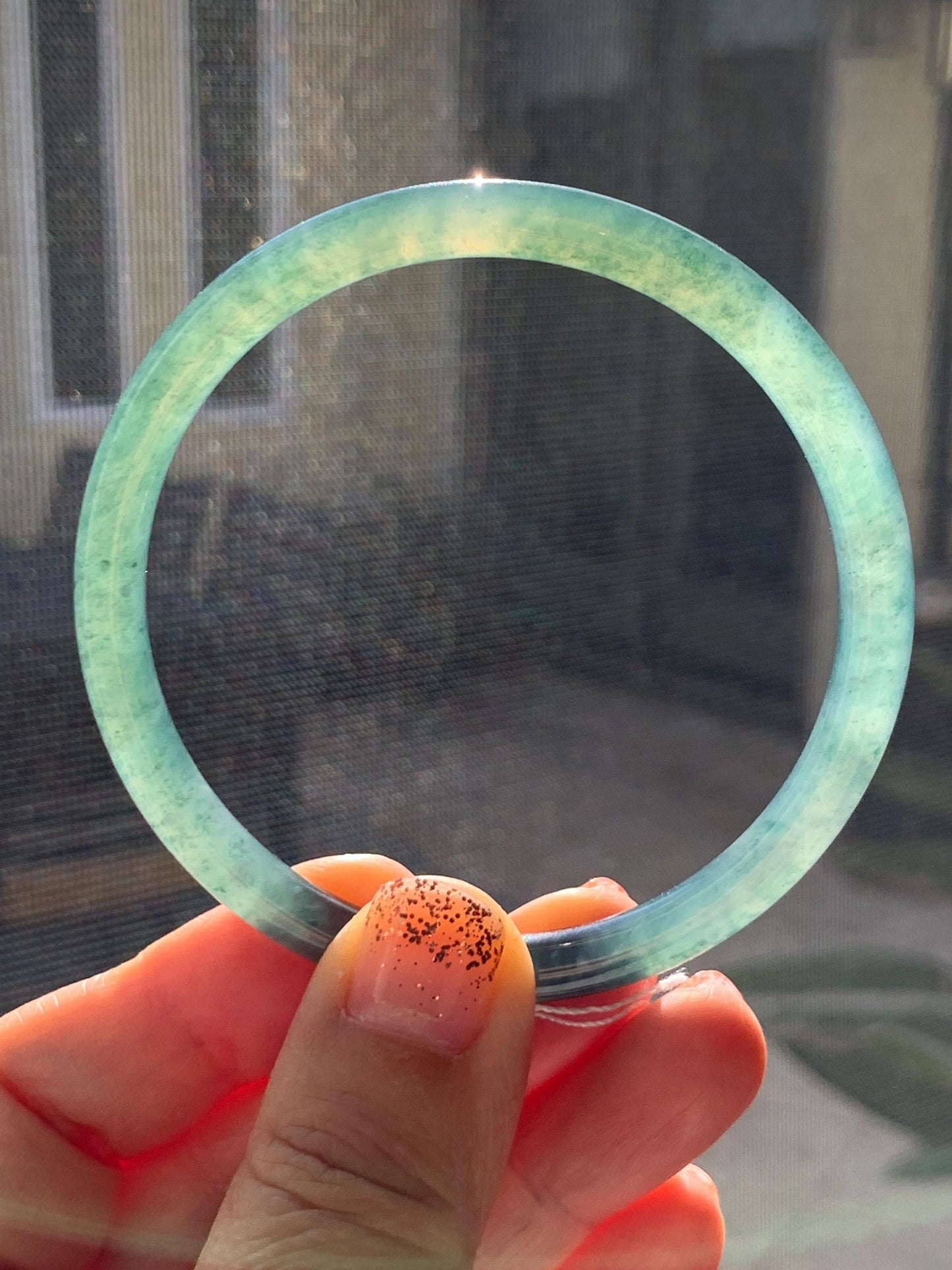 Certified Natural Grade A Guatemalan Icy Translucent Teal Green Marbled Jade Jadeite Bangle 58.96mm 7.29” 天然冰胶危蓝飘花翡翠细圆条手镯 458