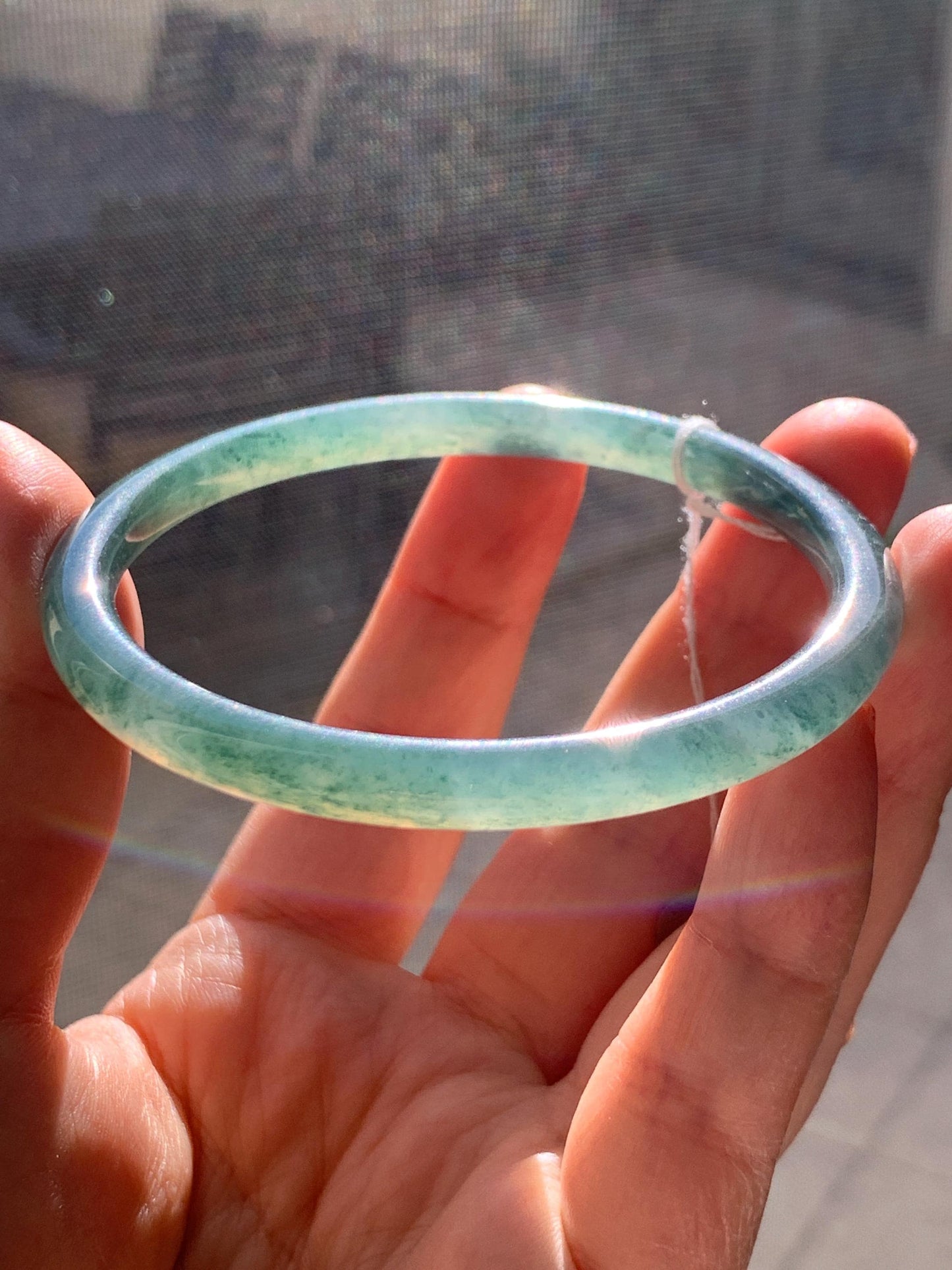 Certified Natural Grade A Guatemalan Icy Translucent Teal Green Marbled Jade Jadeite Bangle 58.96mm 7.29” 天然冰胶危蓝飘花翡翠细圆条手镯 458