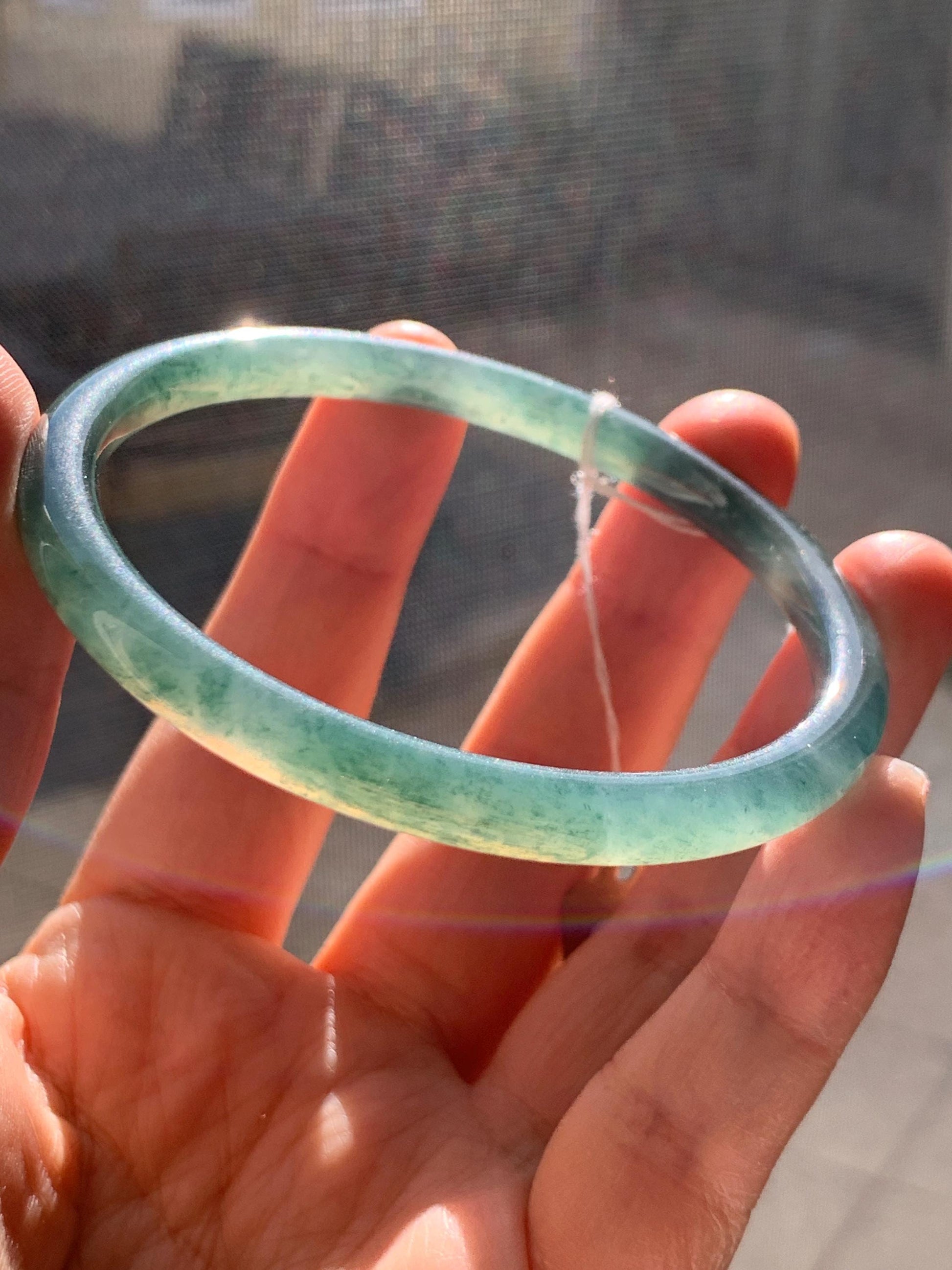 Certified Natural Grade A Guatemalan Icy Translucent Teal Green Marbled Jade Jadeite Bangle 58.96mm 7.29” 天然冰胶危蓝飘花翡翠细圆条手镯 458