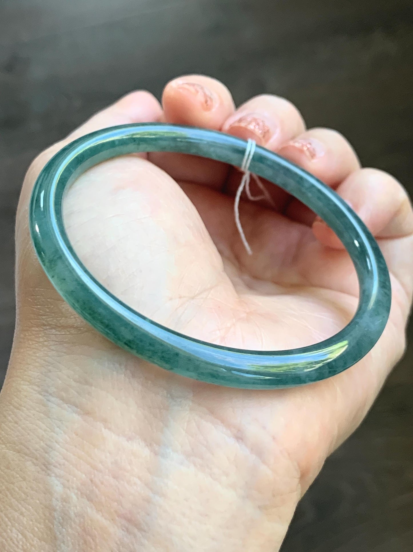 Certified Natural Grade A Guatemalan Icy Translucent Teal Green Marbled Jade Jadeite Bangle 58.96mm 7.29” 天然冰胶危蓝飘花翡翠细圆条手镯 458
