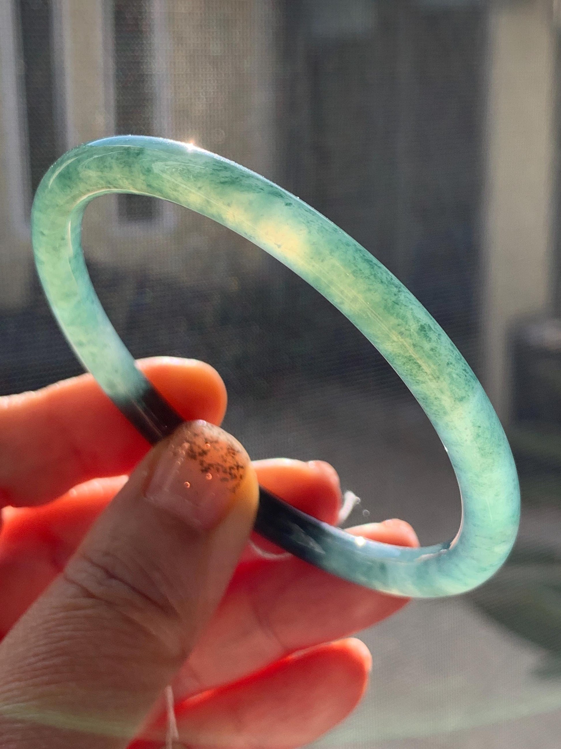 Certified Natural Grade A Guatemalan Icy Translucent Teal Green Marbled Jade Jadeite Bangle 58.96mm 7.29” 天然冰胶危蓝飘花翡翠细圆条手镯 458