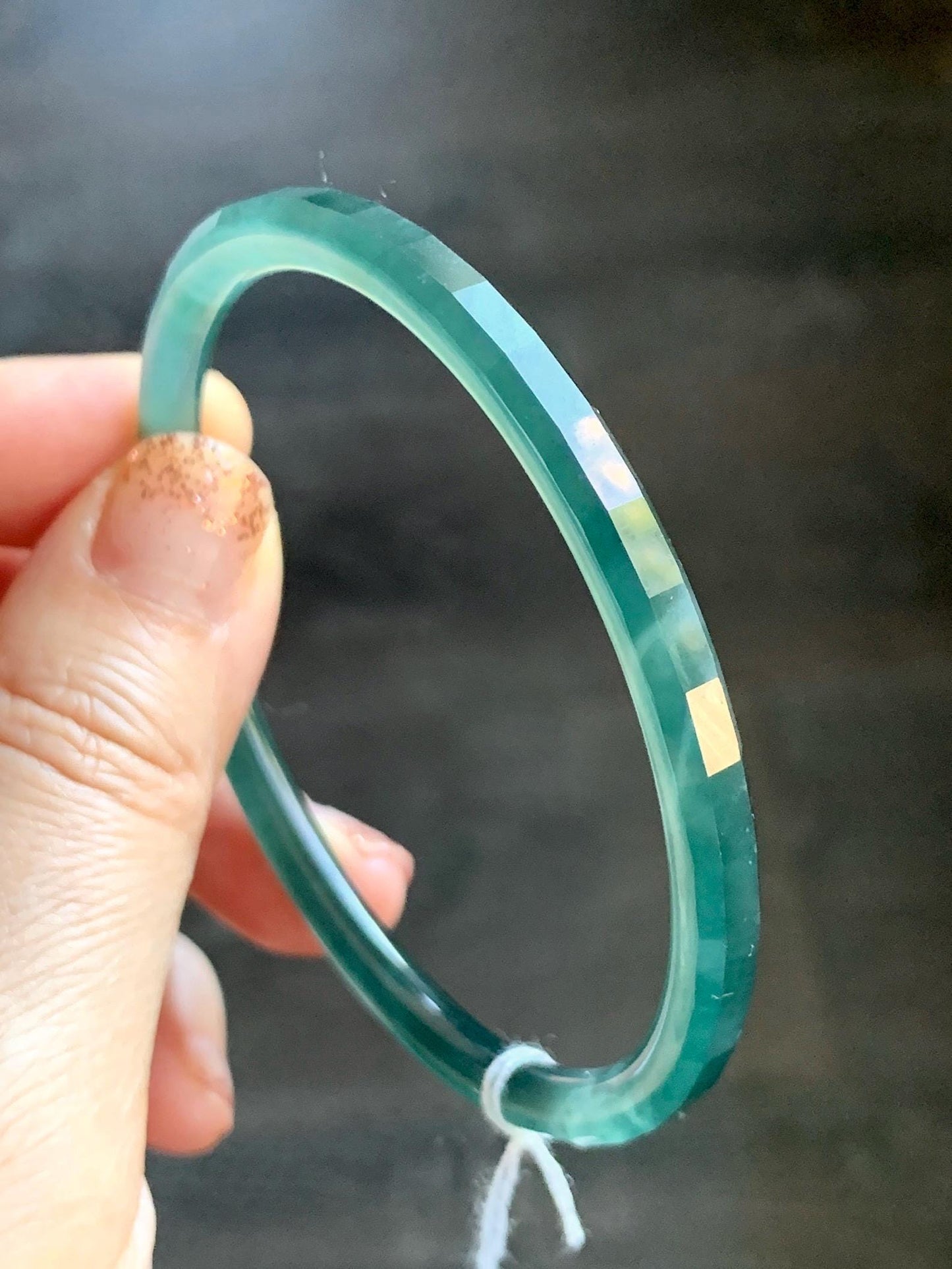 Certified Natural Grade A Guatemalan Icy Highly Translucent Dark Teal Green Faceted Jadeite Slim Bangle 59.95mm 7.4” 天然冰胶危深蓝绿翡翠细圆条切割面手镯 466
