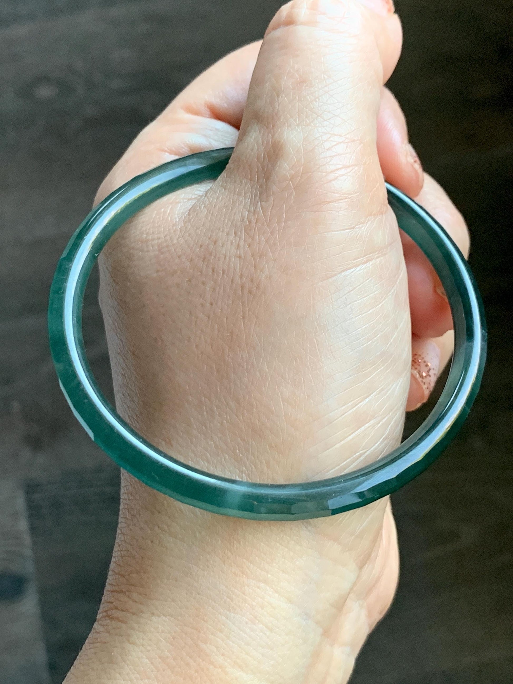 Certified Natural Grade A Guatemalan Icy Highly Translucent Dark Teal Green Faceted Jadeite Slim Bangle 59.95mm 7.4” 天然冰胶危深蓝绿翡翠细圆条切割面手镯 466