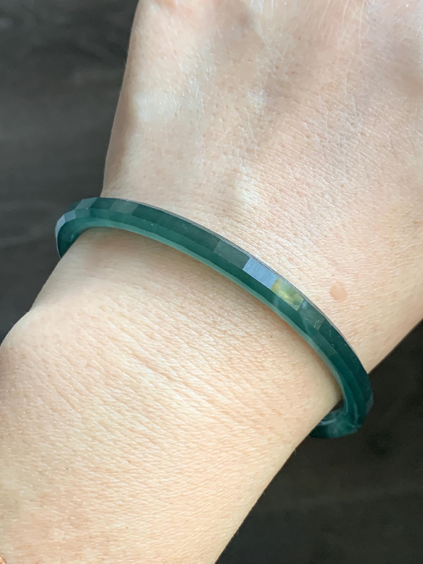 Certified Natural Grade A Guatemalan Icy Highly Translucent Dark Teal Green Faceted Jadeite Slim Bangle 59.95mm 7.4” 天然冰胶危深蓝绿翡翠细圆条切割面手镯 466