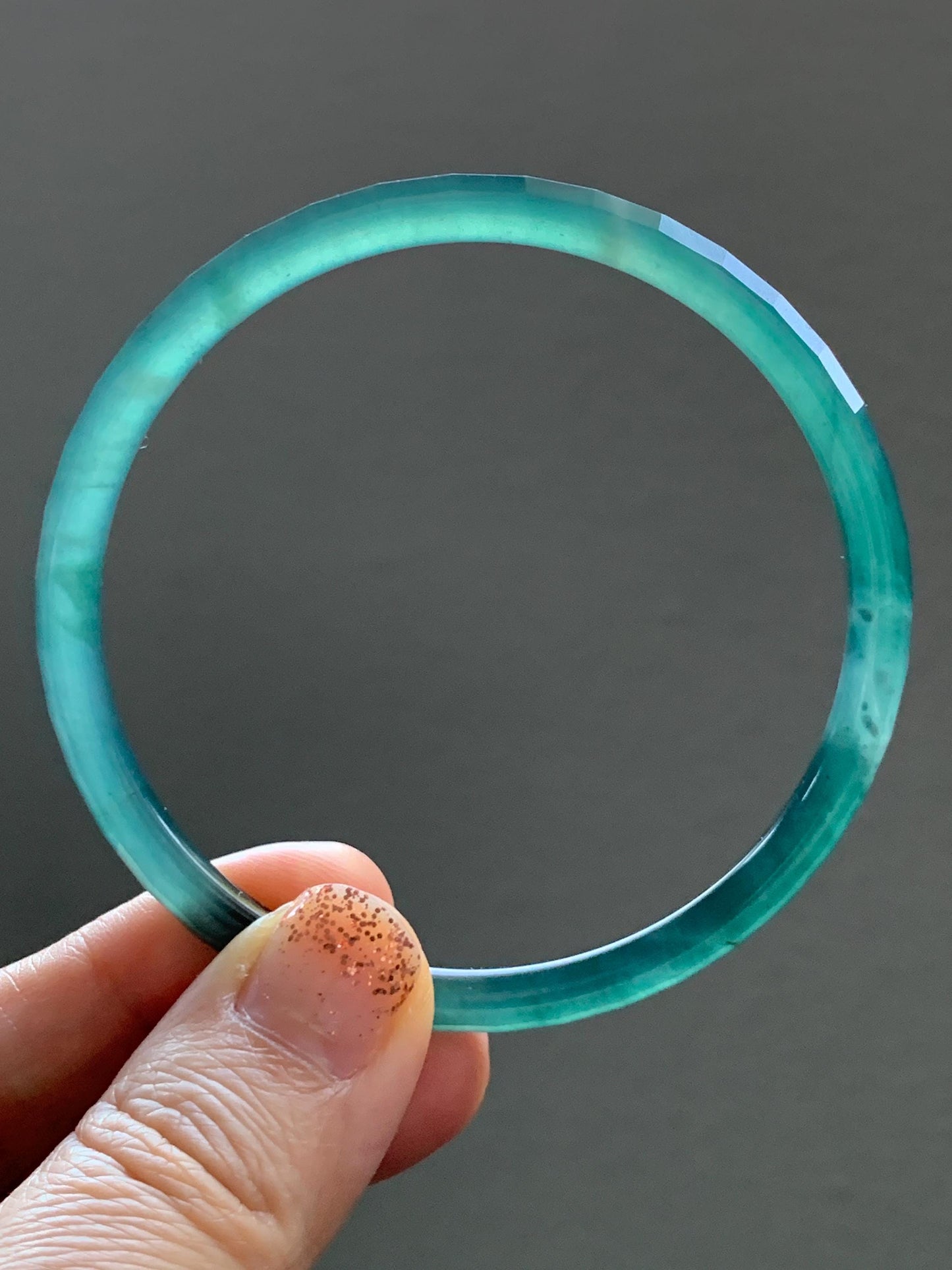 Certified Natural Grade A Guatemalan Icy Highly Translucent Dark Teal Green Faceted Jadeite Slim Bangle 59.95mm 7.4” 天然冰胶危深蓝绿翡翠细圆条切割面手镯 466