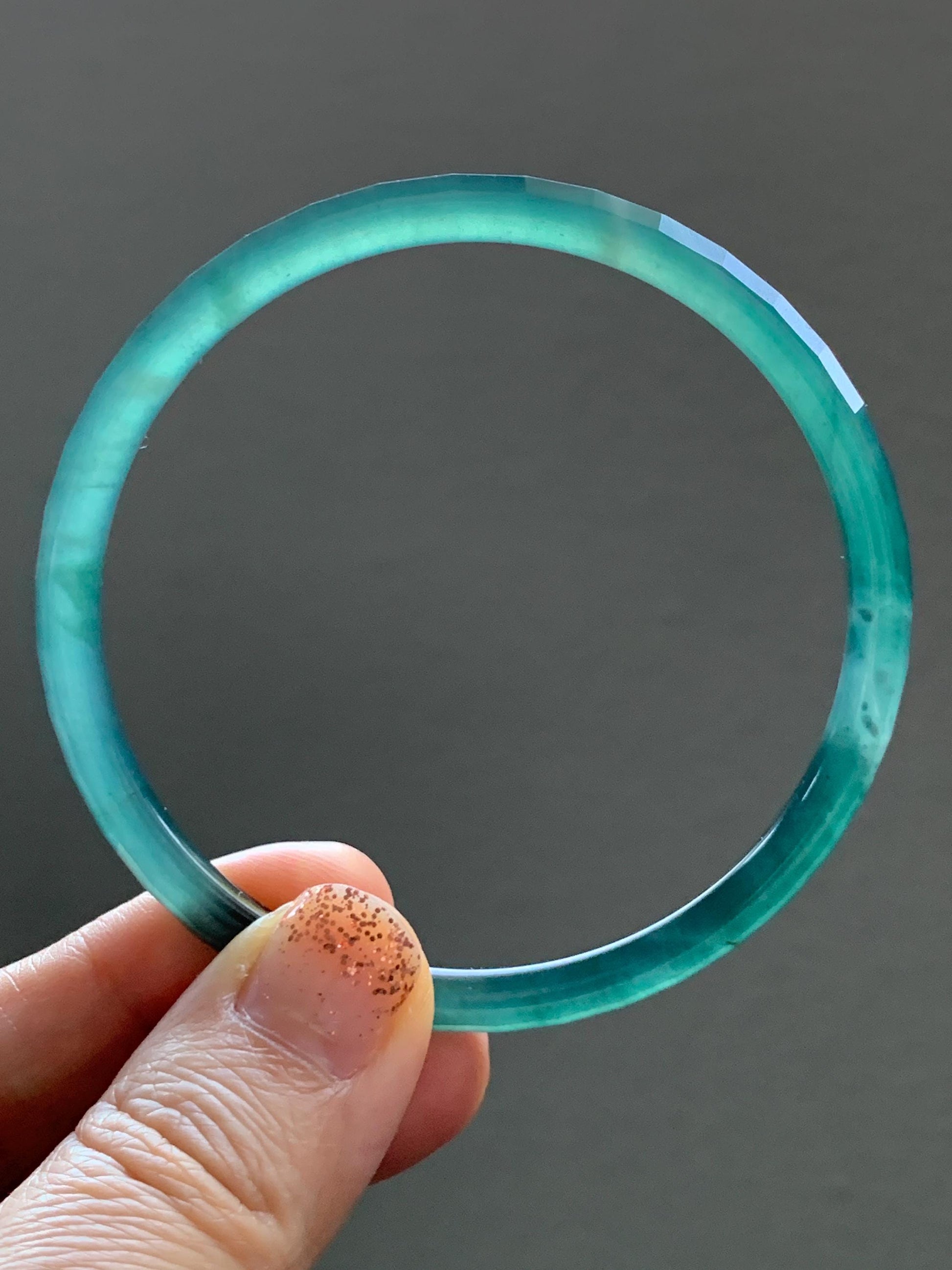 Certified Natural Grade A Guatemalan Icy Highly Translucent Dark Teal Green Faceted Jadeite Slim Bangle 59.95mm 7.4” 天然冰胶危深蓝绿翡翠细圆条切割面手镯 466