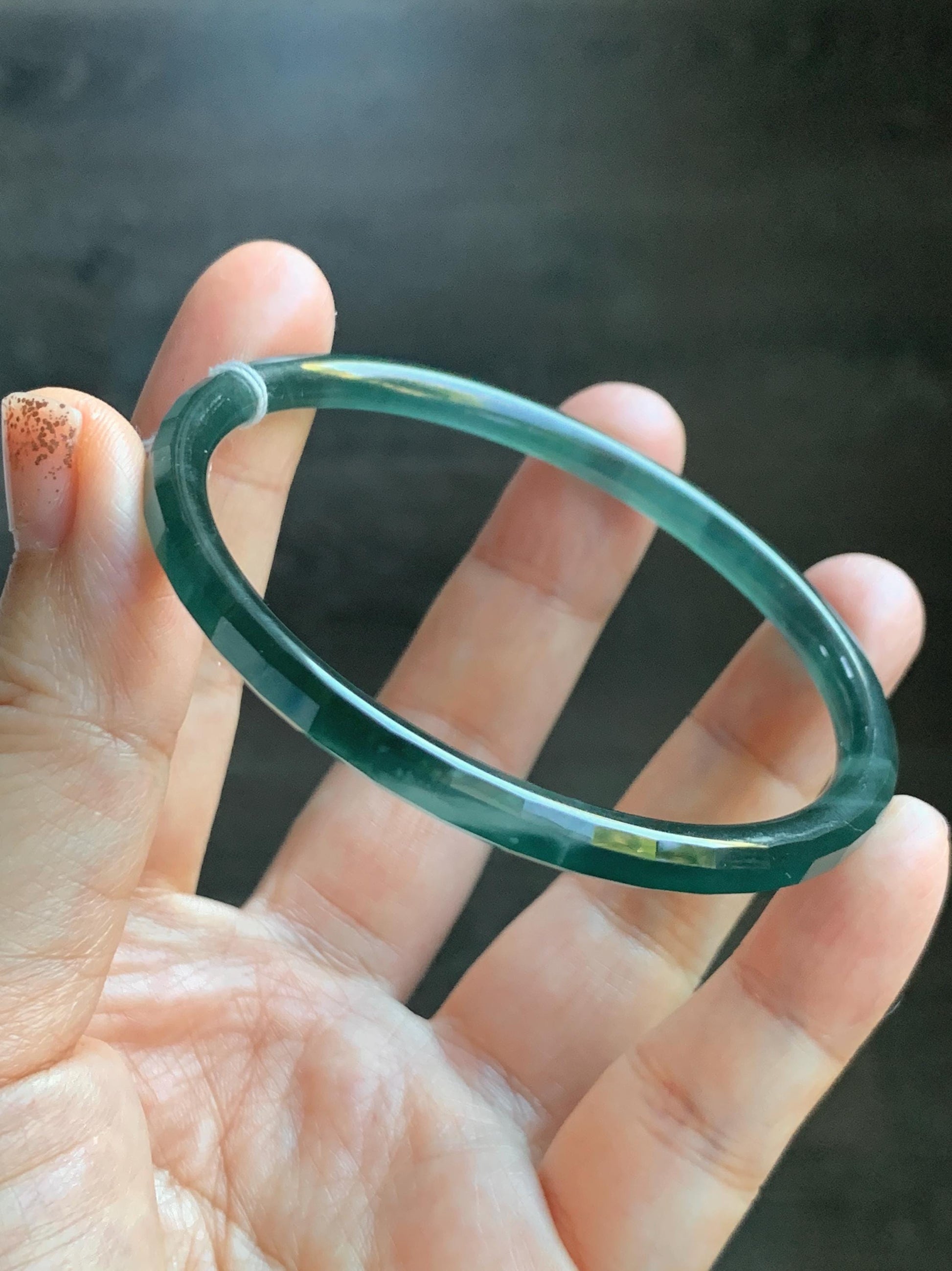 Certified Natural Grade A Guatemalan Icy Highly Translucent Dark Teal Green Faceted Jadeite Slim Bangle 59.95mm 7.4” 天然冰胶危深蓝绿翡翠细圆条切割面手镯 466