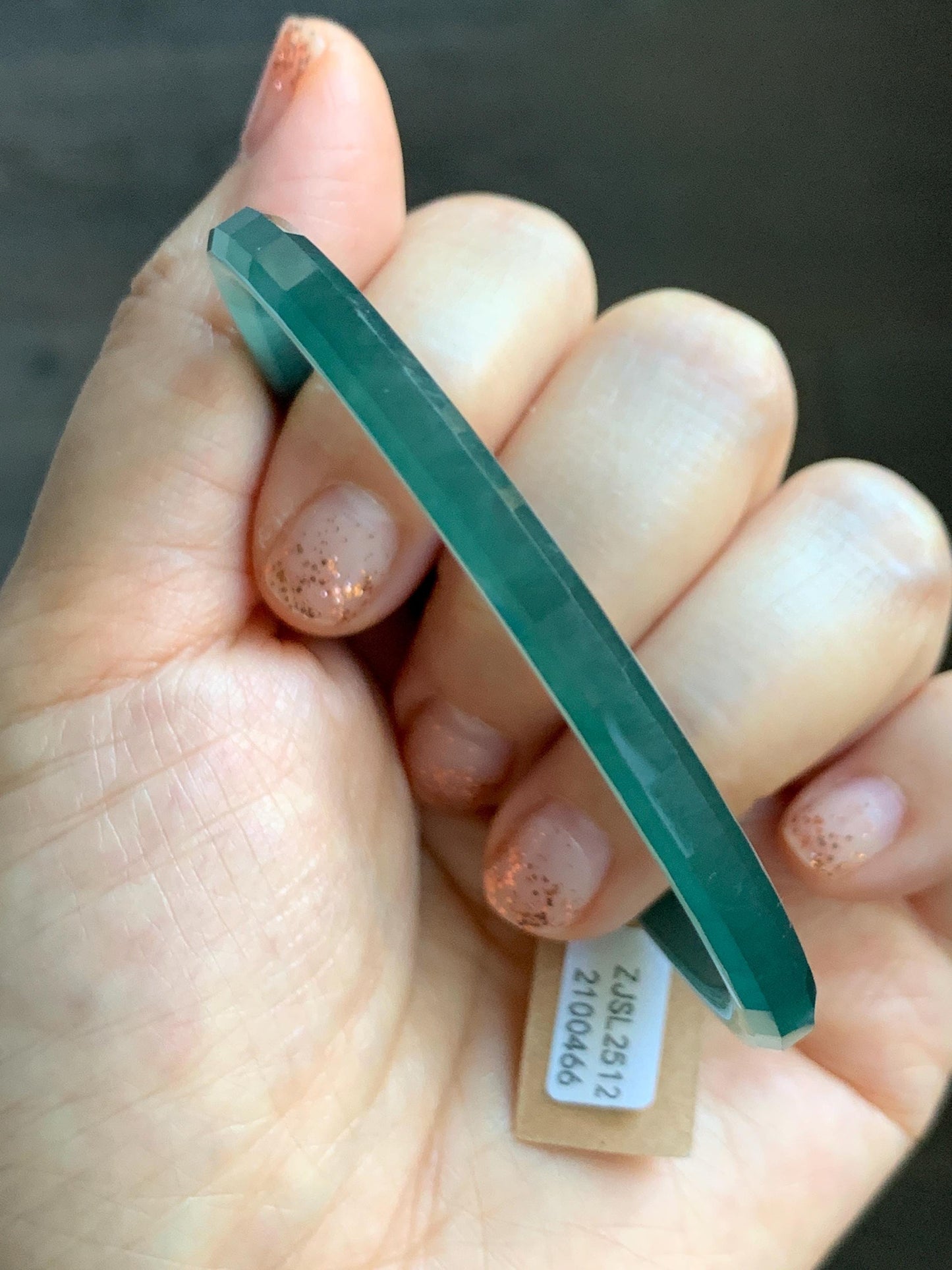 Certified Natural Grade A Guatemalan Icy Highly Translucent Dark Teal Green Faceted Jadeite Slim Bangle 59.95mm 7.4” 天然冰胶危深蓝绿翡翠细圆条切割面手镯 466