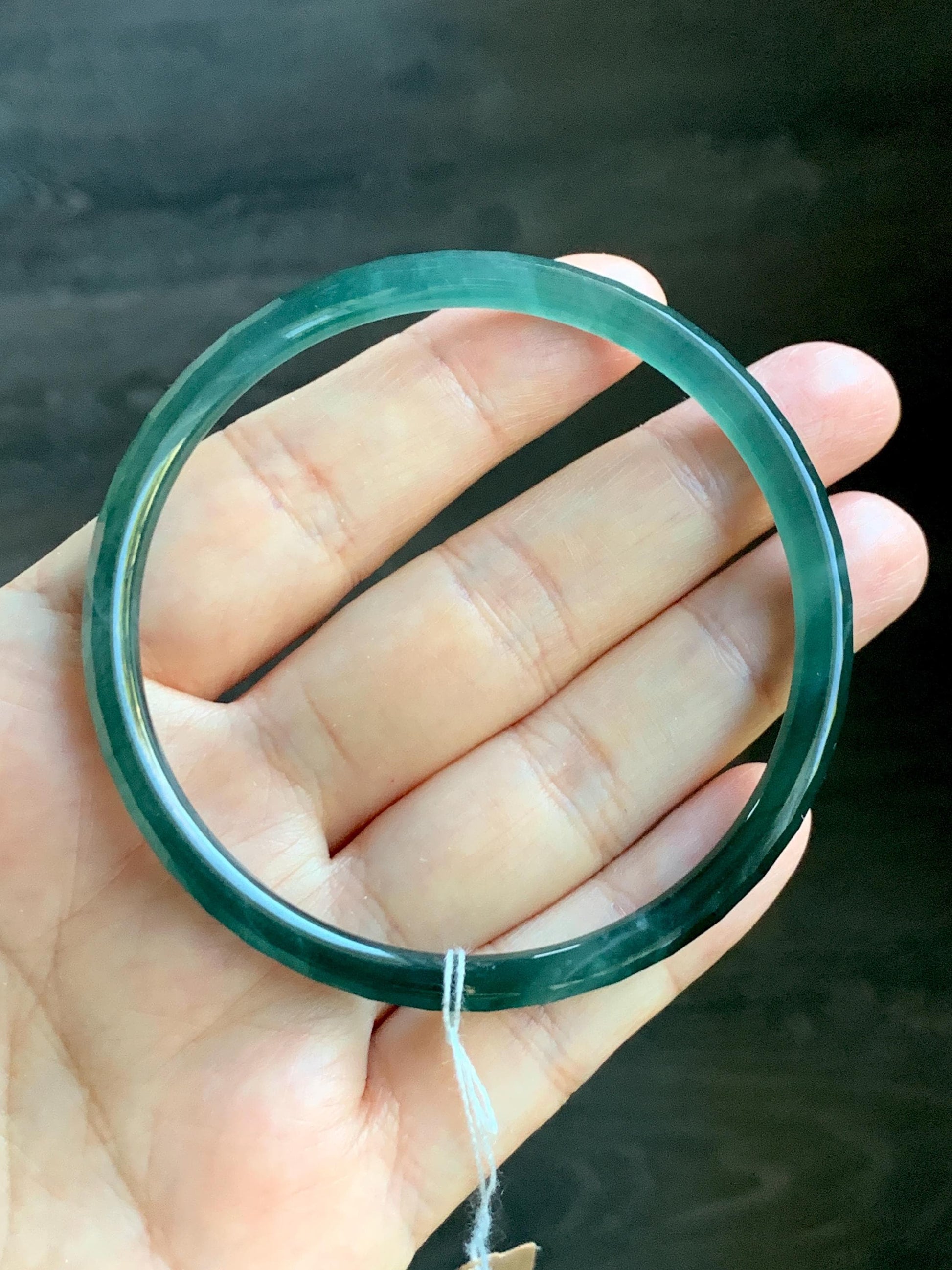 Certified Natural Grade A Guatemalan Icy Highly Translucent Dark Teal Green Faceted Jadeite Slim Bangle 59.95mm 7.4” 天然冰胶危深蓝绿翡翠细圆条切割面手镯 466